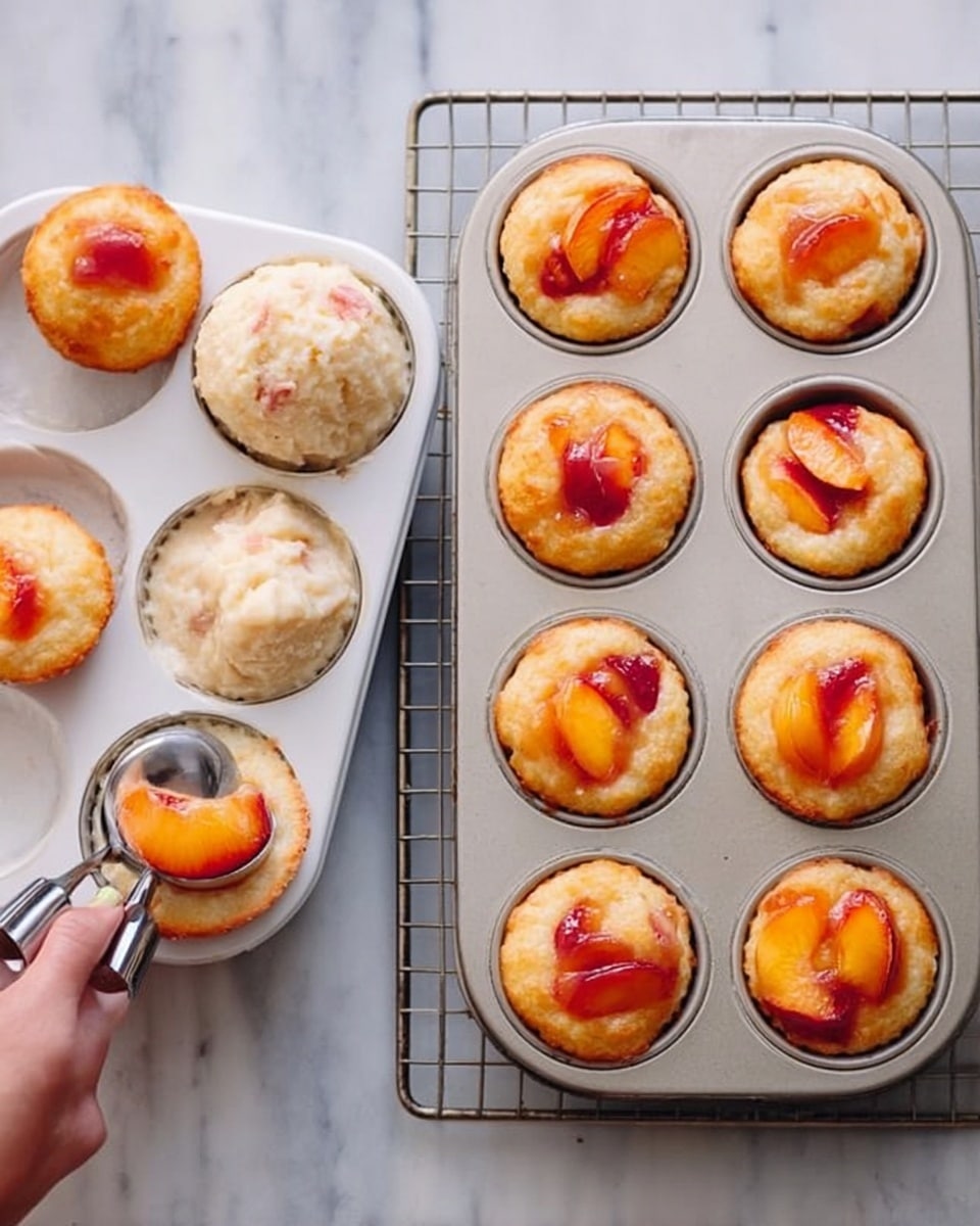 A white muffin tray holds nine cups, each filled with peach slices at the bottom, showing soft orange and yellow colors with red edges, topped with a round mound of light beige dough with bits of peach. A woman's hand is holding a silver ice cream scooper adding dough onto one cup. Next to it, a metal cooling rack sits on a white marbled surface, with eight golden brown baked muffins that are round and slightly risen, each with a shiny peach slice on top that has a glossy orange-red glaze. photo taken with an iphone --ar 4:5 --v 7