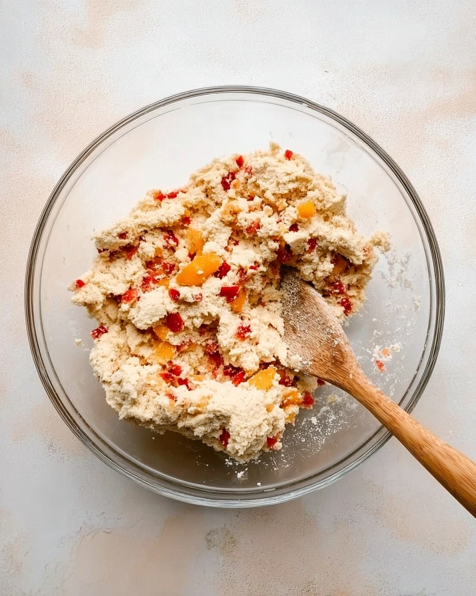 A clear glass bowl sits on a white marbled surface filled with a mixture of light beige dough and bright orange and red fruit pieces scattered throughout. A wooden spoon with a smooth texture rests partially inside the bowl with its handle extending out. The dough appears crumbly and uneven, with the fruit chunks adding colorful contrast on top and within the mixture. Photo taken with an iphone --ar 4:5 --v 7