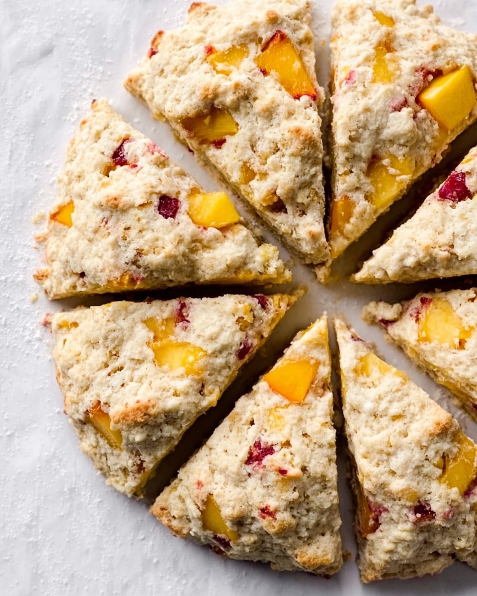 A round scone with a crumbly, light beige dough studded with chunks of yellow and red peach pieces, divided into eight triangular slices on a white marbled surface. The scone has a rough, slightly uneven texture with visible fruit pieces embedded throughout the top and sides. The peach pieces add bright orange-yellow and soft red spots contrasting with the pale dough, and the edges of the scone are uneven and rustic. photo taken with an iphone --ar 4:5 --v 7