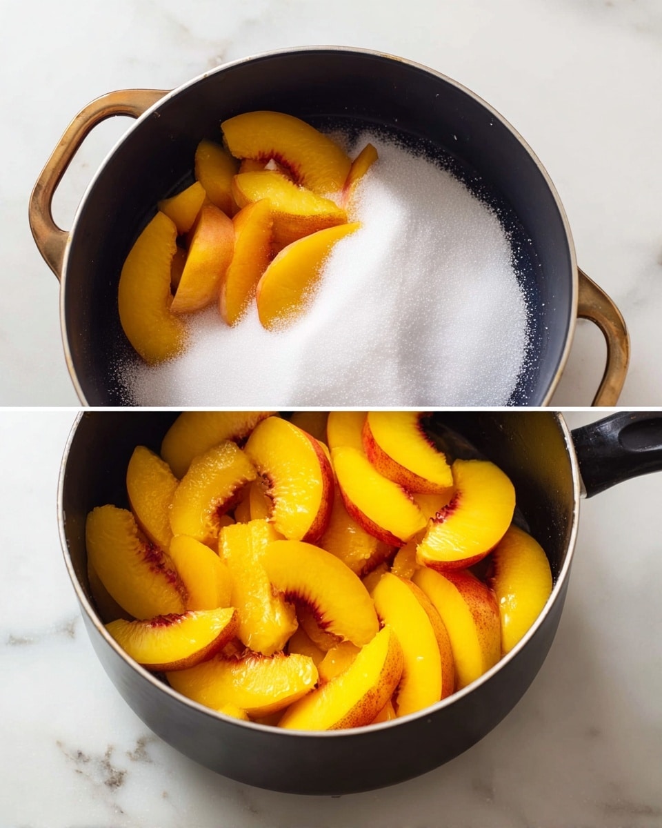 A black cooking pot is shown from above, placed on a white marbled surface. In the first image, the pot contains a single layer of bright orange-yellow sliced peaches with smooth, curved edges. In the second image, the same layer of sliced peaches is visible at the bottom of the pot, but now there is a white granular layer of sugar piled unevenly over the peaches, partially covering the fruit. In the background on the white marbled surface, there are some peach pits arranged near the pot. Photo taken with an iphone --ar 4:5 --v 7