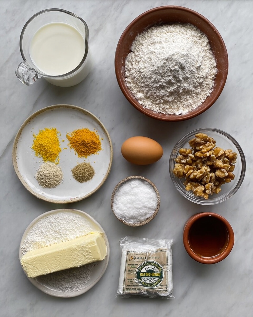 The image shows several baking ingredients laid out on a white marbled surface. There is a clear glass measuring cup filled with milk on the top left, next to a brown bowl heaped with white flour. To the right of the bowl is a single brown egg and a small white bowl of white sugar. Below these, toward the lower left, is a rectangular piece of butter next to a white plate holding different powders and zest: white powder, yellow zest, and light brown powder arranged in small piles. Below that plate is a round bowl with powdered sugar. To the right, there is a small brown cup of liquid and a package of dried golden California figs next to a clear round bowl of shelled walnuts. Everything rests on the smooth white marbled surface and is evenly spaced. photo taken with an iphone --ar 4:5 --v 7