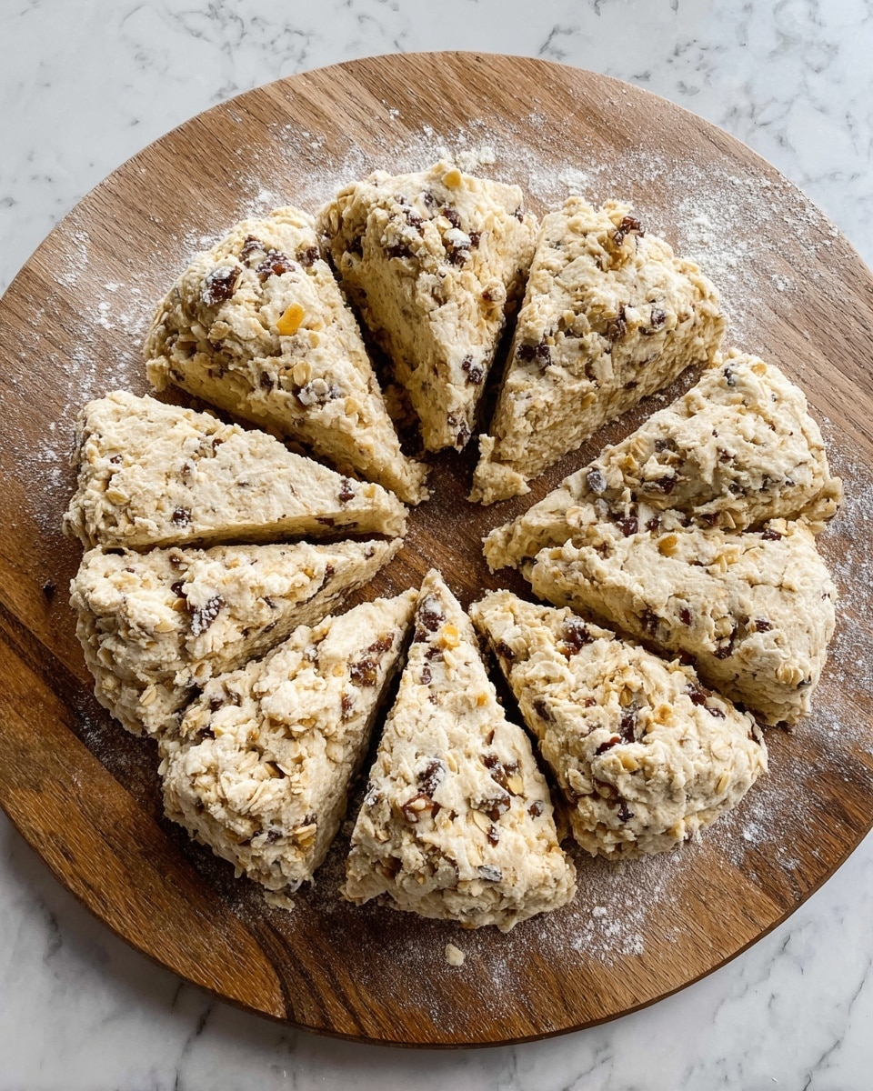 A round dough is divided into 12 triangular pieces, arranged in a circle on a wooden board dusted with flour. The dough is light beige with a rough texture, studded with dark brown chunks and small white and orange bits showing through. Each piece looks thick and slightly crumbly with uneven edges, and the dough surface appears soft and mixed with oats or nuts. The wooden board contrasts with the white marbled surface underneath. photo taken with an iphone --ar 4:5 --v 7