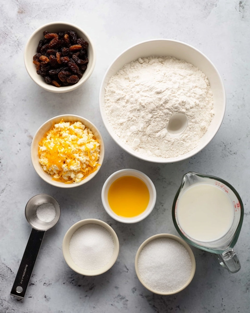 The image shows seven small white bowls and a clear measuring cup arranged on a white marbled surface, each holding different ingredients. At the top center, a large white bowl is filled with white flour with a small crater in the middle. To the right of it, a smaller white bowl contains chopped dark brown prunes. Below the large bowl, a medium white bowl is filled with yellow and white crumbled cheese. To the left of this bowl, a smaller white bowl holds bright orange grated zest. Near the center is a very small silver bowl filled with yellow melted butter. Below and to the right of the butter, a white measuring cup contains white granulated sugar, and next to it is a black measuring spoon also filled with white granulated sugar. The clear glass measuring cup at the bottom right is filled with frothy white milk. The setup gives a clean and organized view of the baking ingredients. photo taken with an iphone --ar 4:5 --v 7