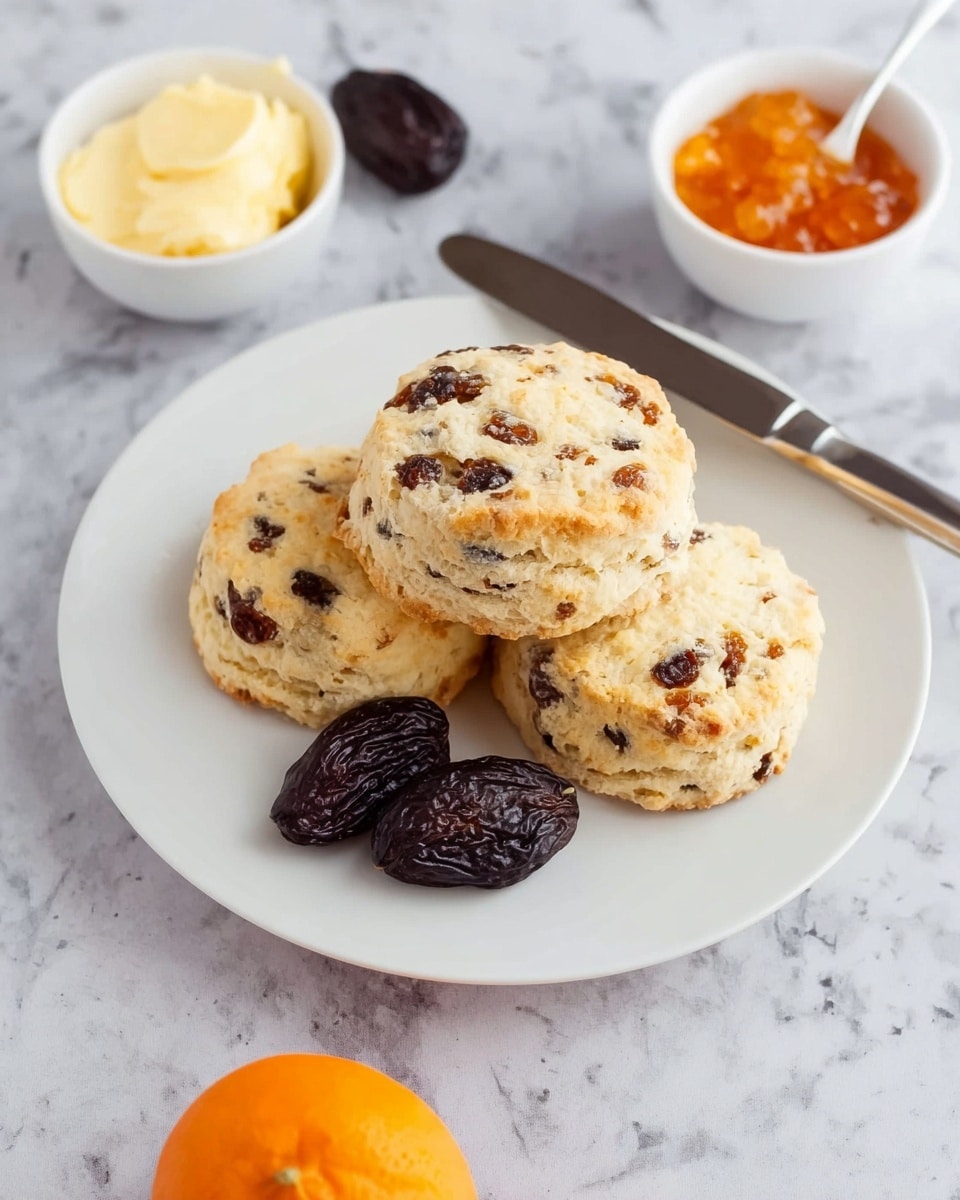 Three light golden scones with dark brown chunks inside are stacked on a white plate, with two whole dark dried figs placed around them. A shiny silver knife rests at the top edge of the plate. Above the plate, there are two small white bowls; one contains pale yellow butter with a smooth texture, and the other has bright orange marmalade with visible peel pieces and a white spoon inside. An orange fruit is placed at the bottom edge of the image. The background is a white marbled texture. Photo taken with an iphone --ar 4:5 --v 7