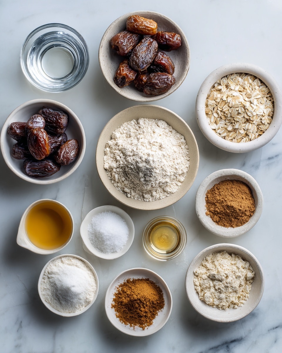 Top-down professional food photography, flat lay style, bright white marble countertop, neatly arranged, evenly spaced, tidy, clean organized layout. Include: bowl of dried figs, small glass cup of water, bowl of oat flour, small bowl of ground almonds, small bowl of cinnamon powder, small bowl of salt, small glass cup of maple syrup, small plate with solid coconut oil. Bright soft natural lighting, sharp focus, high detail textures, realistic reflections, professional DSLR look, 4K, no finished dish, no cooked food, no hands, no text, no watermark, no brand logos --ar 4:5 --v 7