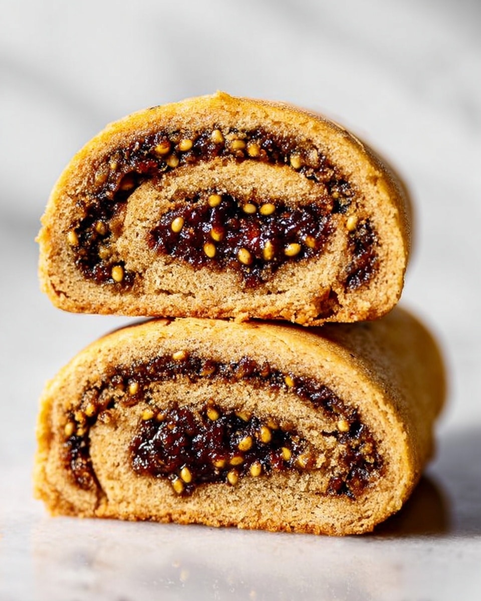 The image shows a close-up of two pieces of a rolled pastry stacked on top of each other against a white marbled background. Each piece has a thick, light brown outer layer that looks soft and crumbly. The inside is filled with a dark, sticky filling dotted with small, round, yellow seeds, which add texture and contrast. The pastry’s outer layer wraps tightly around the filling, making the whole roll firm and well-packed. The lighting is bright and clear, highlighting the details of the pastry and filling. photo taken with an iphone --ar 4:5 --v 7