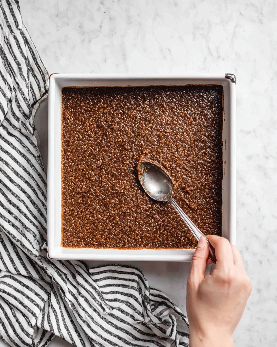 A white square baking tray filled with one thick layer of a textured dark brown mixture that looks sticky and grainy. A metal spoon rests on the mixture near the center, with a woman's hand holding the handle. The tray is sitting on a white marbled surface with a black and white striped cloth slightly crumpled on the left side. photo taken with an iphone --ar 4:5 --v 7