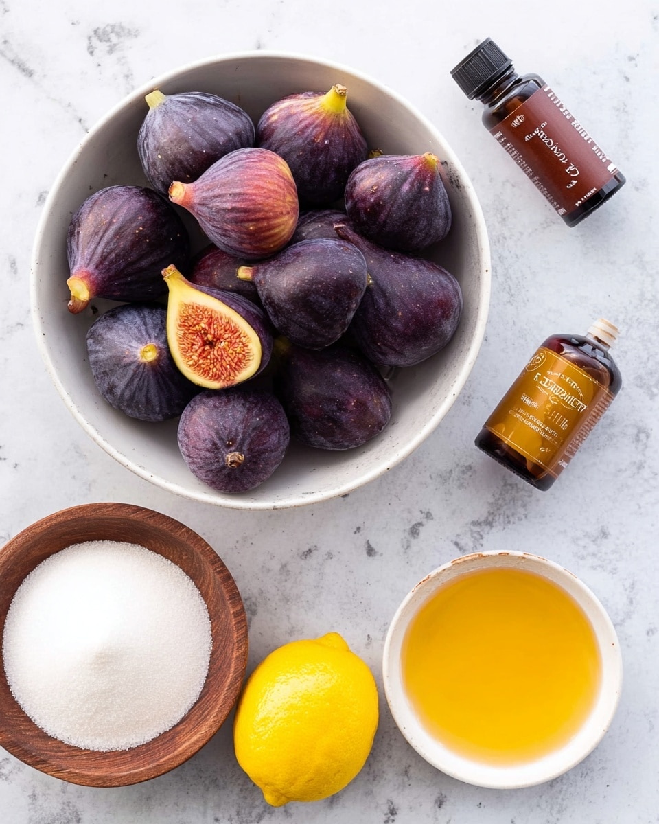 The image shows a white bowl full of dark purple figs with hints of yellow near the stems, placed on a white marbled surface. Around the bowl, three figs with similar colors are scattered. Near the top left, there is a small brown bottle labeled vanilla extract. Below the bowl, a bright yellow lemon sits on the surface. On the lower left, a round wooden bowl filled with white granulated sugar contrasts with the background. On the lower right, a small white bowl holds a golden yellow liquid, likely honey. photo taken with an iphone --ar 4:5 --v 7