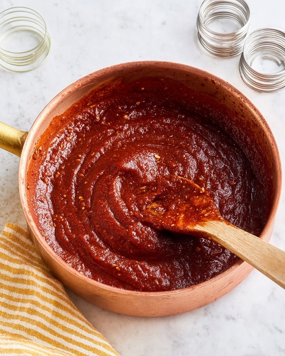 A copper pan filled with thick, dark red sauce swirled smoothly inside it, with visible texture and tiny bits in the sauce showing its rich consistency. A wooden spoon covered in the same sauce is placed inside the pan, stirring the sauce. Around the pan on a white marbled surface, there are metal jar rings and white round lids, along with a yellow and white striped cloth partly visible in the bottom left corner. The scene is bright and focused on the pan and sauce. photo taken with an iphone --ar 4:5 --v 7