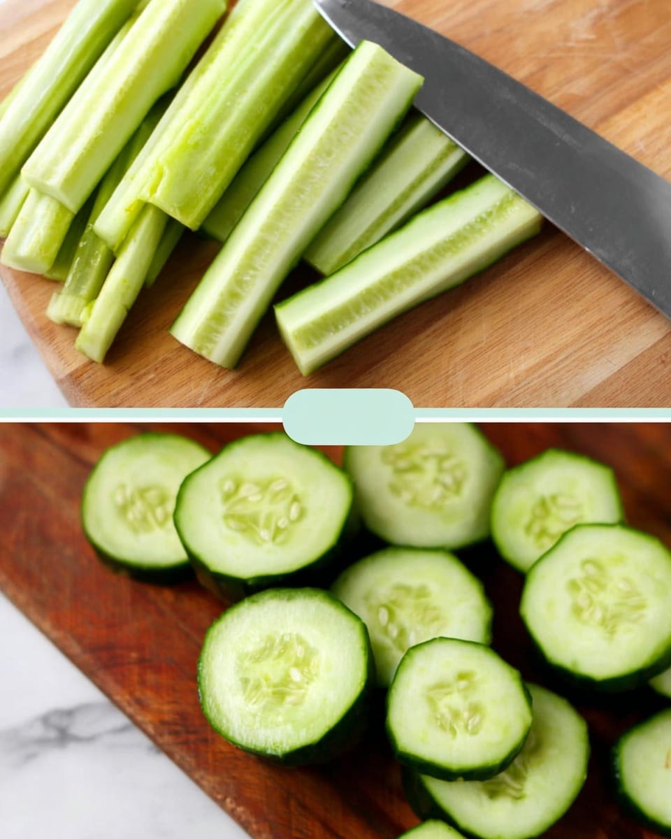 The image shows two close-up views of fresh cucumber slices on a wooden cutting board with a sharp silver knife. In the top part, long cucumber sticks with light green flesh and darker green skin lie next to the knife on the board. In the bottom part, round cucumber slices with visible seeds and similar green colors are spread neatly on the cutting board beside the knife. The wooden board contrasts with the green cucumbers and silver knife, and the background is a white marbled texture. Photo taken with an iphone --ar 4:5 --v 7