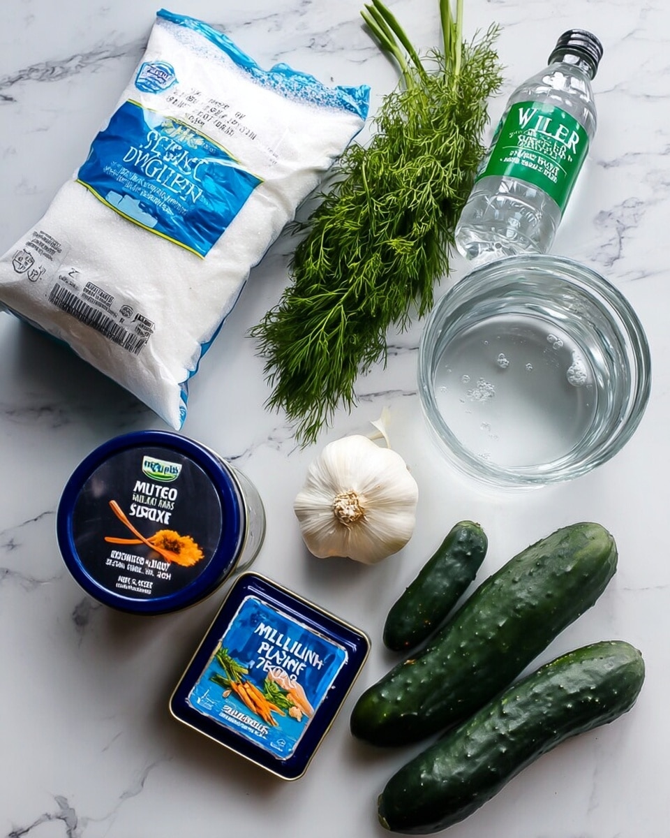 The image shows several ingredients placed on a white marbled surface. On the left side, there is a large bag of granulated sugar with white and blue packaging. Next to it, there is a bunch of fresh green dill herb lying flat. In front of the dill, there is a dark blue container of iodized salt with an image of a wooden spoon on it. To the right of the salt, there is a small dark blue tin labeled mixed pickling spice with orange details. Above the spices, there is a clear glass jar filled with water. To the right of the jar, there is a clear plastic bottle of distilled white vinegar with a green label. Near the center, there is a whole white garlic bulb. On the far right, there are three whole dark green cucumbers stacked together. All items are neatly arranged and clearly visible, the photo taken with an iphone --ar 4:5 --v 7
