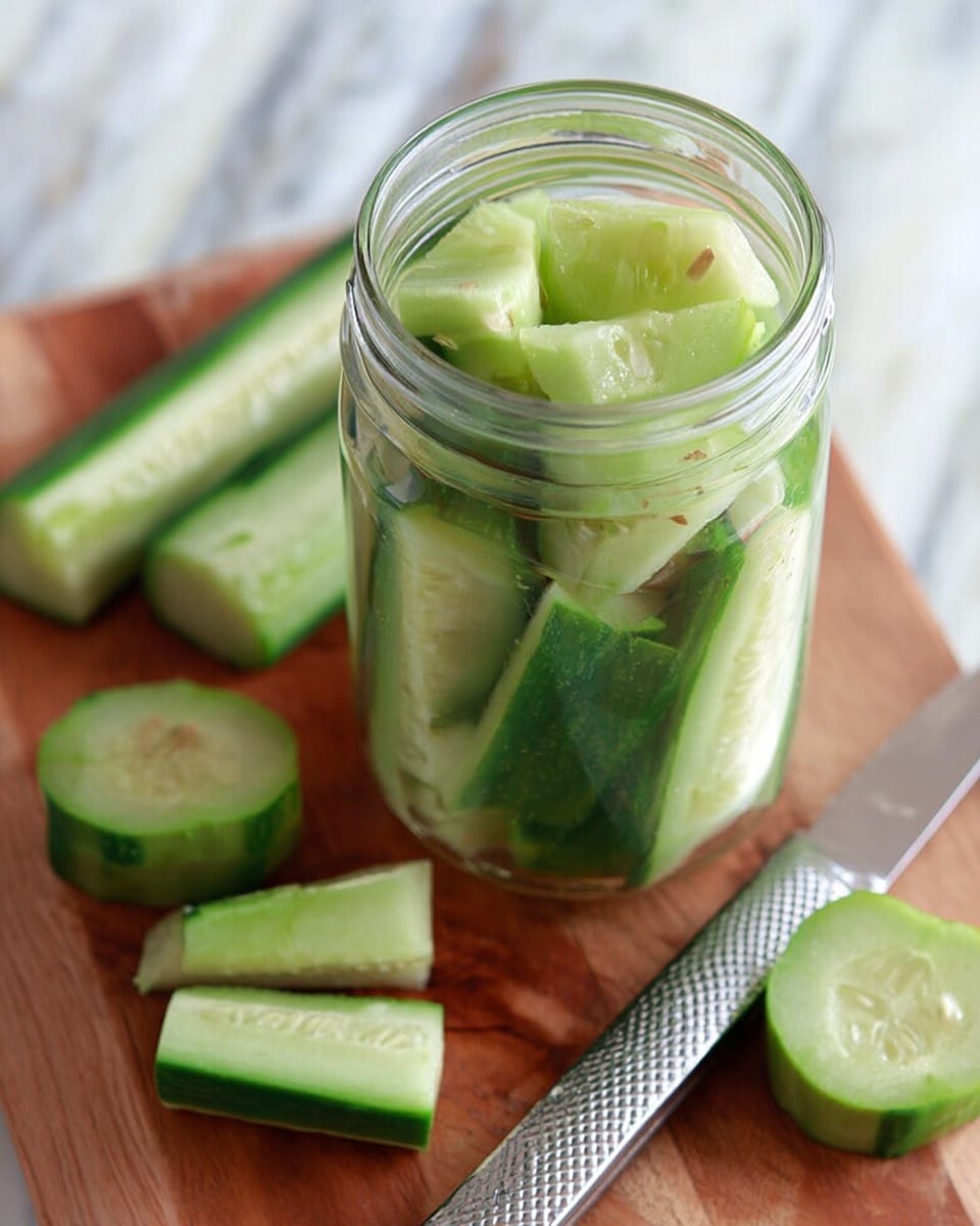 A clear glass jar filled with thick, unevenly cut cucumber chunks, showing bright green skin and pale green interiors with visible seeds. The jar sits on a wooden cutting board with cucumber halves and slices scattered around. A silver knife with a textured handle rests on the board behind the jar. The background is a white marbled surface. Photo taken with an iphone --ar 4:5 --v 7