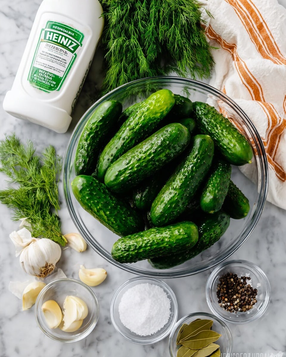 A clear glass bowl filled with many fresh dark green pickling cucumbers with bumpy textures sits on a white marbled surface. Surrounding the bowl are several cloves of peeled garlic, a bunch of fresh dill with feathery green leaves, and some bay leaves in a small clear bowl. There are also three small clear glass bowls containing coarse white salt, fine white sugar, and whole black peppercorns respectively. On the left side, there is a white plastic bottle of Heinz vinegar. A white and orange striped cloth is partially visible in the upper right corner. The photo taken with an iphone --ar 4:5 --v 7