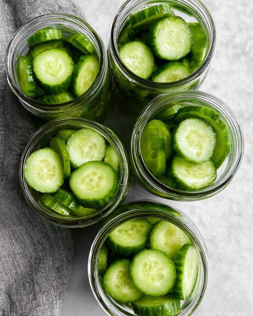Six clear glass jars are filled with thick slices of green cucumbers, arranged closely together in each jar. The cucumber slices show a fresh, moist surface with pale green centers and darker green skin around the edges. The jars are placed flat on a white marbled surface, viewed from above, with a soft textured cloth partially visible in the upper part of the image. The overall look is fresh and clean, emphasizing the bright green of the cucumbers against the transparent glass and white marbled background. photo taken with an iphone --ar 4:5 --v 7