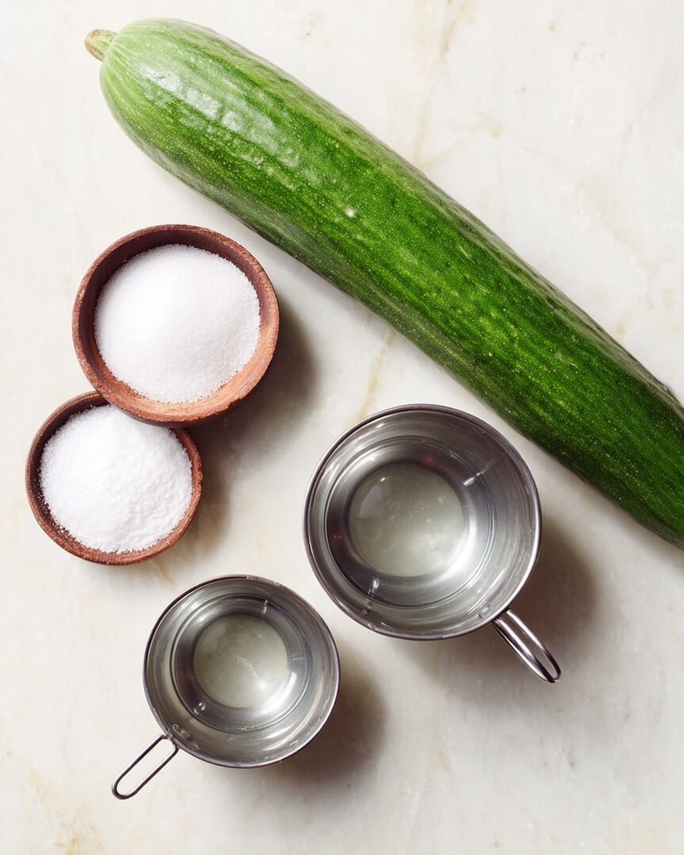 The image shows a fresh, long green cucumber placed on a white marbled surface. Near the cucumber, there are two small brown bowls filled with white granulated ingredients, likely salt and sugar, placed side by side. Next to these, there are two silver metal measuring cups filled with clear water, one larger than the other, arranged diagonally. The whole setup is simple and clean, with the white marbled surface bright and smooth. photo taken with an iphone --ar 4:5 --v 7