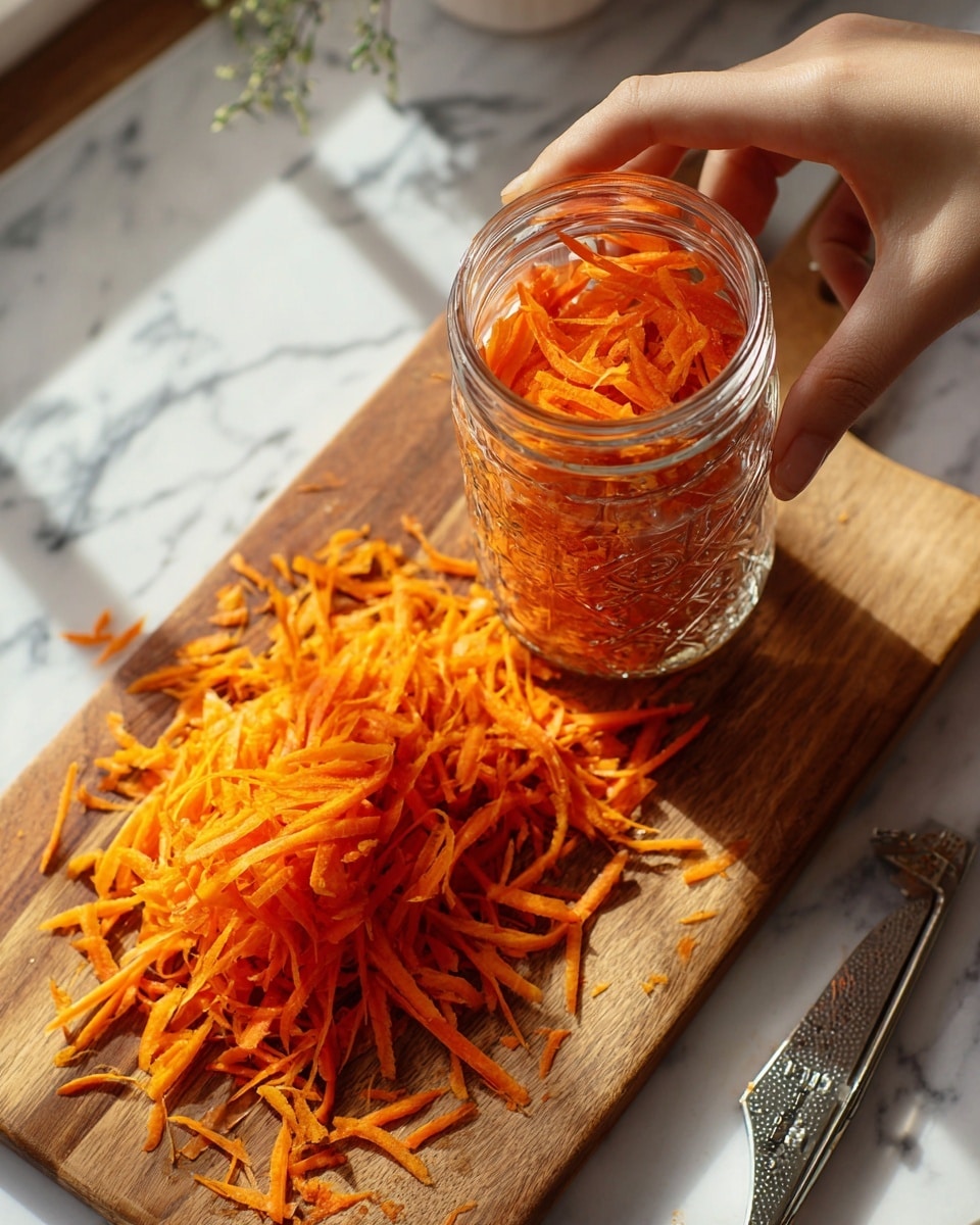 A woman's hand is holding a jar tilted over a wooden board. On the board, there is a pile of thin, orange carrot strips and a metal peeler near the bottom right corner. The scene is set on a white marbled surface with soft natural light. photo taken with an iphone --ar 4:5 --v 7