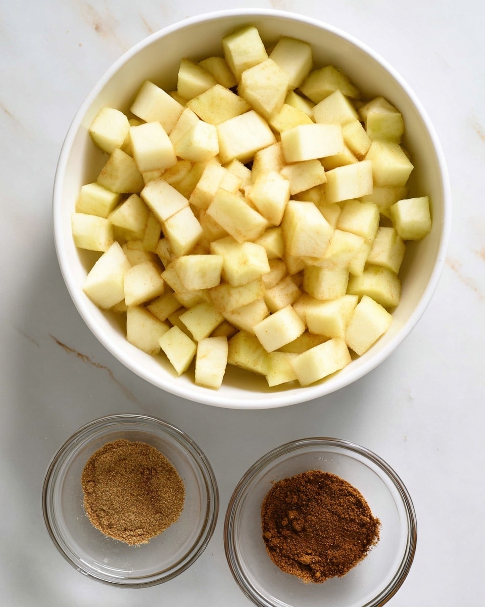 A white bowl filled with many small cubes of peeled apple, showing a pale yellow color and soft texture, placed on a white marbled surface. Below it are two smaller clear bowls, one holding a light brown spice mix and the other containing a finer, darker brown ground spice, both resting side by side on the same white marbled surface. photo taken with an iphone --ar 4:5 --v 7