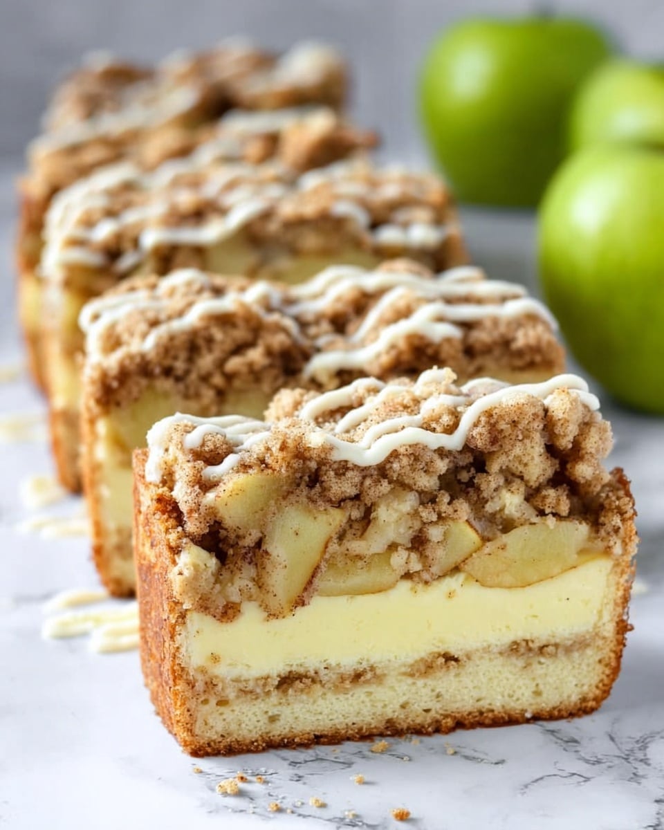 The image shows several slices of a layered apple crumb cake arranged in a row on a white marbled surface. Each slice has three visible layers: a light golden-brown dough base at the bottom, a thick creamy yellow layer in the middle, and a top layer of chunky, crumbly brown streusel mixed with pieces of cooked apples and a drizzle of white icing over it. A few green apples are blurred in the background, giving a fresh look to the scene. Photo taken with an iphone --ar 4:5 --v 7