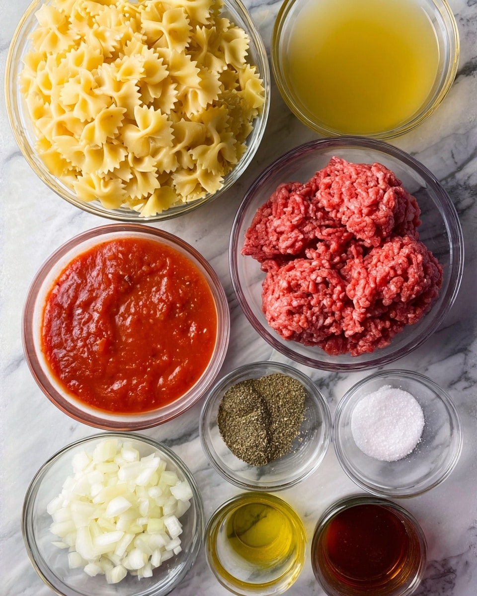 The image shows several clear glass bowls filled with different ingredients neatly arranged on a white marbled surface. There is a large bowl on the top left filled with dry farfalle pasta, pale yellow with a textured surface. To the right, a bowl holds light yellow chicken broth with a smooth liquid texture. Below it is a bowl of bright red chunky tomato sauce, next to it a smaller bowl with a pile of light gray salt flakes. On the bottom left, a bowl contains finely chopped white onion pieces, beside it a small bowl of dark red tomato paste. Above the onions, there is a large portion of raw ground meat, deep pinkish-red and coarse. Near the bottom right is a bowl with golden olive oil, shiny and smooth, and above it a cup with dried oregano, dark green and grainy. Above the pasta bowl is minced garlic, white and slightly wet, all arranged on a clean white marbled surface. photo taken with an iphone --ar 4:5 --v 7