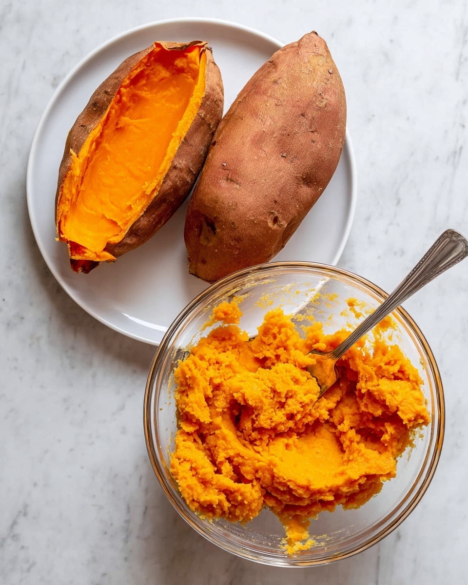 The image shows two parts: on the left, two large baked sweet potatoes cut in half and placed on a white plate, with the bright orange soft inside exposed while the brown skin is rough and thin; on the right, a clear glass bowl filled with mashed sweet potato that looks smooth and fluffy, with a silver fork resting inside and some mashed potato spread on the bowl’s sides. Both parts are set on a white marbled surface. Photo taken with an iphone --ar 4:5 --v 7