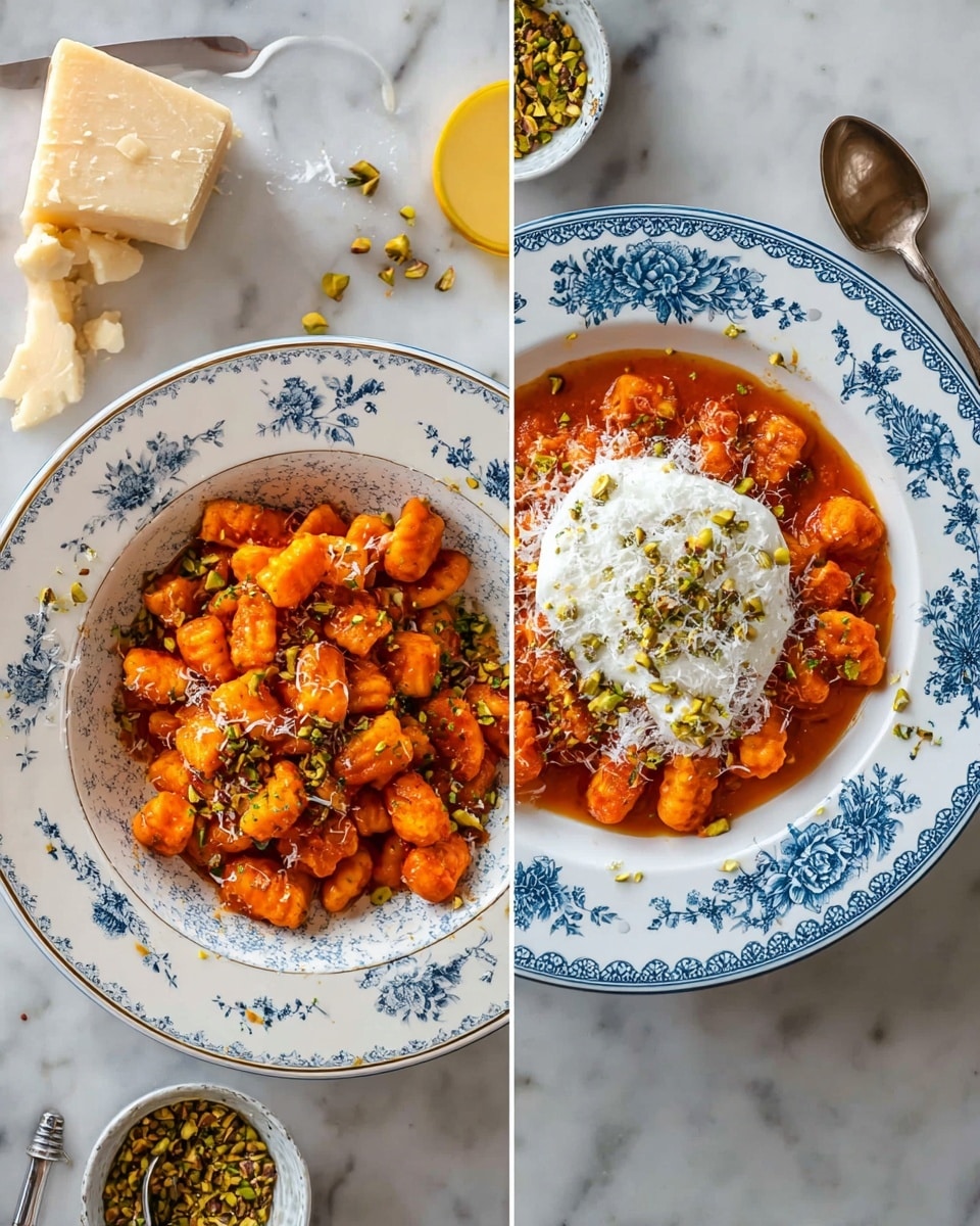The image on the right shows a white plate with blue floral patterns around the edges, filled with many small, orange gnocchi pieces covered in red tomato sauce. On top, there is a big dollop of white cream or cheese, sprinkled with green crushed pistachios and some grated white cheese. The plate is on a white marbled surface, with a chunk of cheese, a spoon, a small white bowl of crushed pistachios, and some orange gnocchi pieces placed around it. Photo taken with an iphone --ar 4:5 --v 7