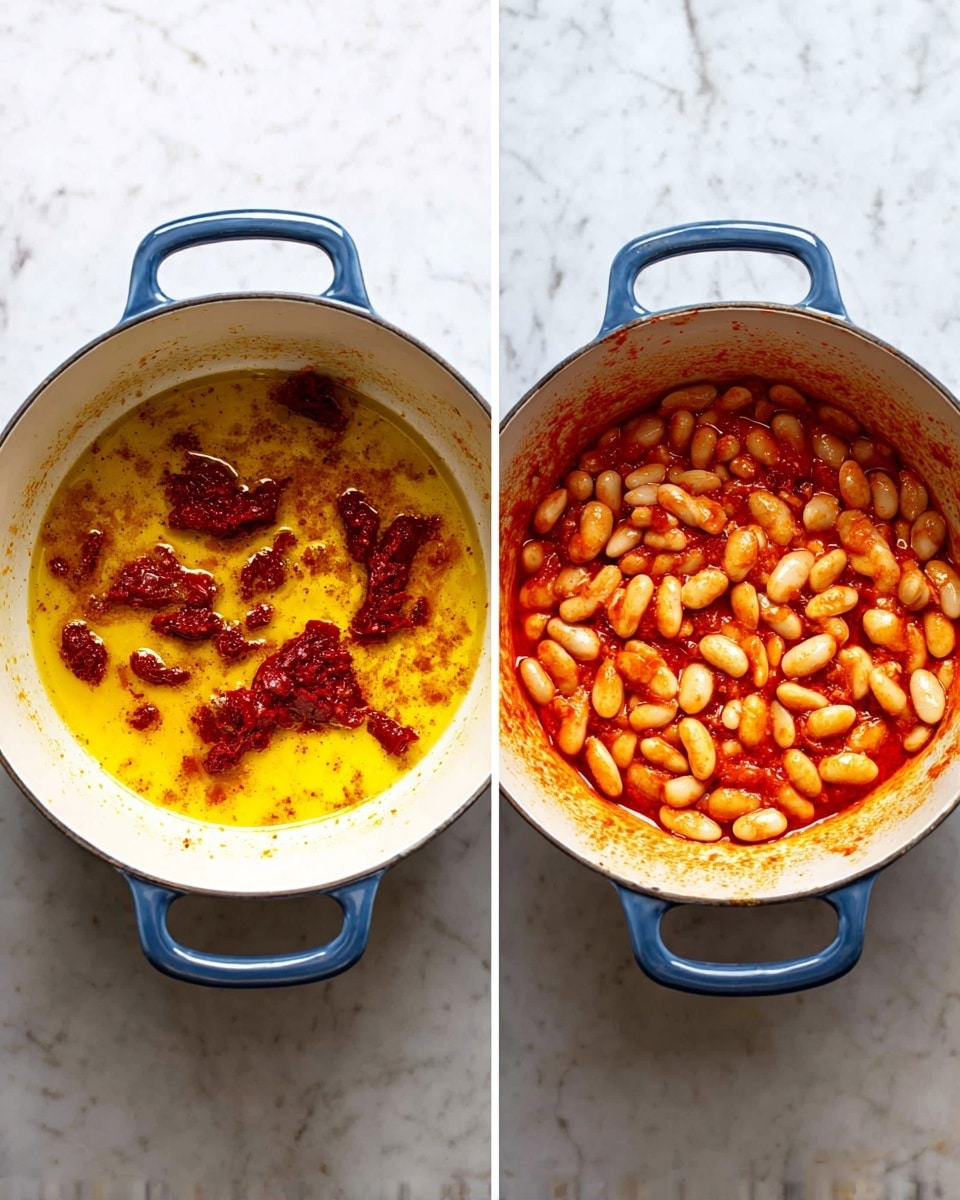 The image shows two white pots side by side on a white marbled surface. The pot on the left contains a bright yellow oily base with scattered dark red chunks of sauce on the inside, giving a rough texture. The pot on the right is filled with the same yellow oily base, but now it is mixed with whole white beans that are covered evenly in a red sauce, forming a thick, textured layer over the beans. Both pots have blue handles visible on the sides. Photo taken with an iphone --ar 4:5 --v 7