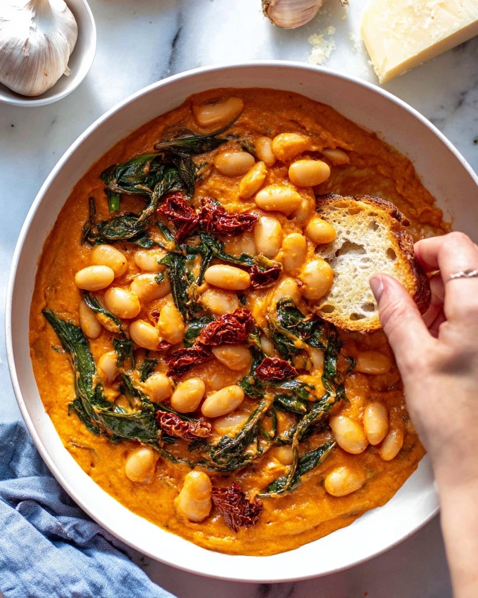 A close-up top view of a white pan filled with four layers: the first layer is a smooth, thick orange sauce; the second layer consists of large, light yellow beans spread evenly; the third layer has bright green wilted leaves mixed in; the fourth layer contains small, irregular pieces of dark red sun-dried tomatoes scattered throughout. A woman's hand is holding a piece of toasted bread dipped with sauce and beans near the bottom right of the pan. The pan is placed on a white marbled surface with part of a garlic bulb, a chunk of cheese, and a white bowl partially visible in the background. Photo taken with an iphone --ar 4:5 --v 7