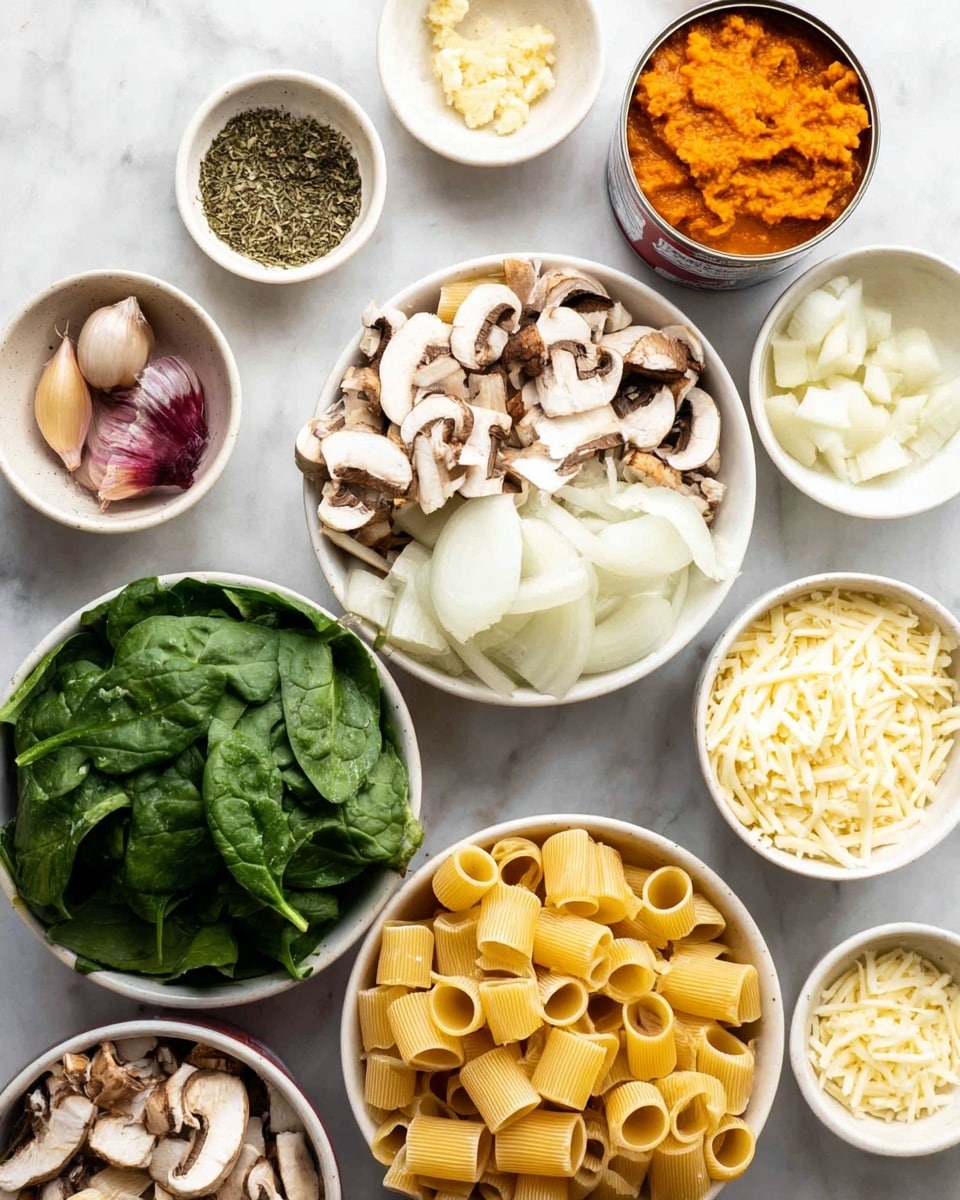 The image shows various ingredients placed on a white marbled surface, arranged in a roughly circular pattern. Starting from the top left, there is a small white bowl with dried herbs, next to it a small white bowl with minced garlic, and on the right, a small white bowl filled with grated cheese. Below these, there are medium-sized white bowls with chopped white onions and thinly sliced mushrooms, showing layers of white and brown. In the center-left, a white bowl is filled with fresh green spinach leaves, and next to it is an open can with orange pumpkin puree inside. At the bottom of the image, a white bowl contains uncooked pasta shaped like short tubes, with pale yellow color. To the bottom right, a small white bowl holds shredded mozzarella cheese. There is no woman's hand visible, and the overall setting is clean and bright, focused on fresh and raw ingredients. Photo taken with an iphone --ar 4:5 --v 7