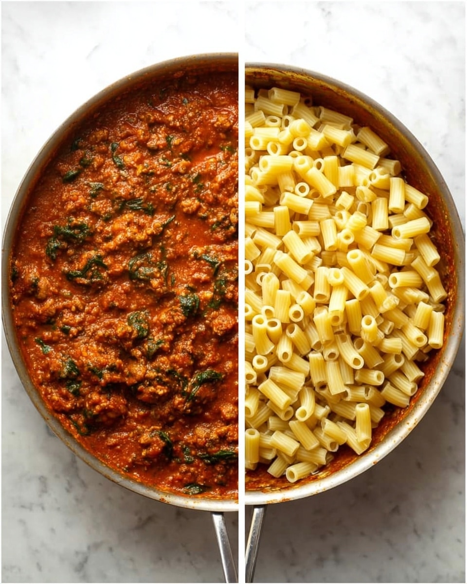 The image shows two side-by-side pans on a white marbled surface. The left pan contains a thick, rich tomato sauce with visible chunks of meat and spinach mixed in, giving it a textured, reddish-brown and green appearance. The sauce looks simmered and hearty, filling the pan. The right pan is the same pan and sauce at the bottom layer, now topped with a thick layer of cooked, short tubular pasta pieces that are pale yellow and evenly spread across the surface, creating a clear two-layer contrast between the sauce below and pasta above. Photo taken with an iphone --ar 4:5 --v 7