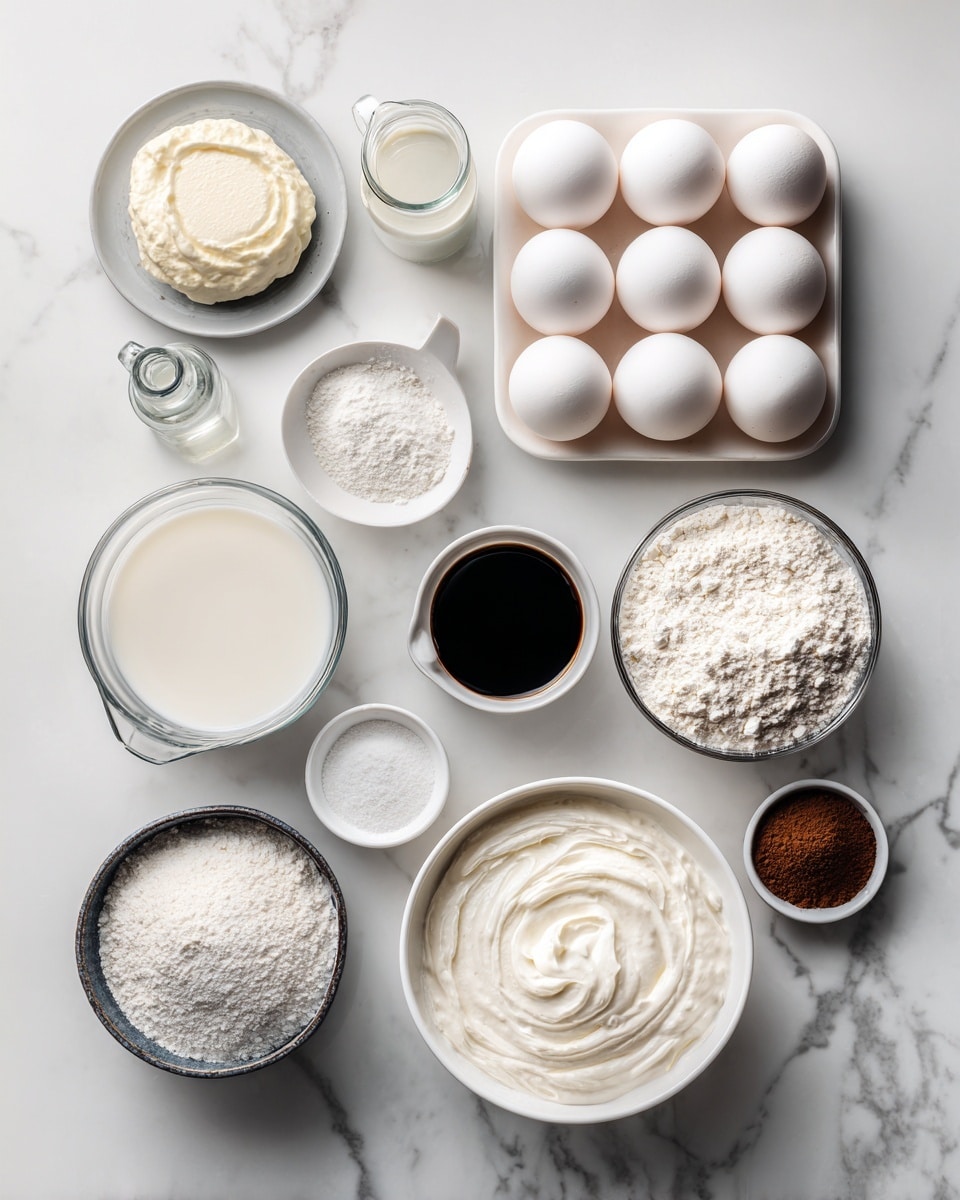 Top-down professional food photography flat lay style, bright white marble countertop, neatly arranged, evenly spaced, tidy, clean organized layout, include: six large eggs on a small plate, small bowl of cream of tartar, bowl of granulated sugar divided into two bowls, glass measuring cup of milk, small glass cup of oil, small bottle of vanilla essence, bowl of cake flour, small bowl of espresso powder, small bowl of baking powder, large bowl of cold whipping cream, bowl of powdered sugar, small bowl of espresso powder, small bottle of vanilla essence, bright soft natural lighting, sharp focus, high detail textures, realistic reflections, professional DSLR look, 4K, no finished dish, no cooked food, no hands, no text, no watermark, no brand logos --ar 4:5 --v 7