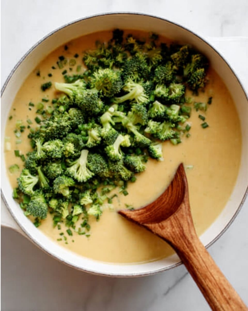 A white bowl filled with a smooth, creamy light yellow soup or sauce, topped with a generous layer of small, bright green chopped broccoli pieces scattered over one side. A wooden spoon with a long handle rests inside the bowl, its round part touching the soup near the broccoli. The bowl sits on a white marbled surface. photo taken with an iphone --ar 4:5 --v 7