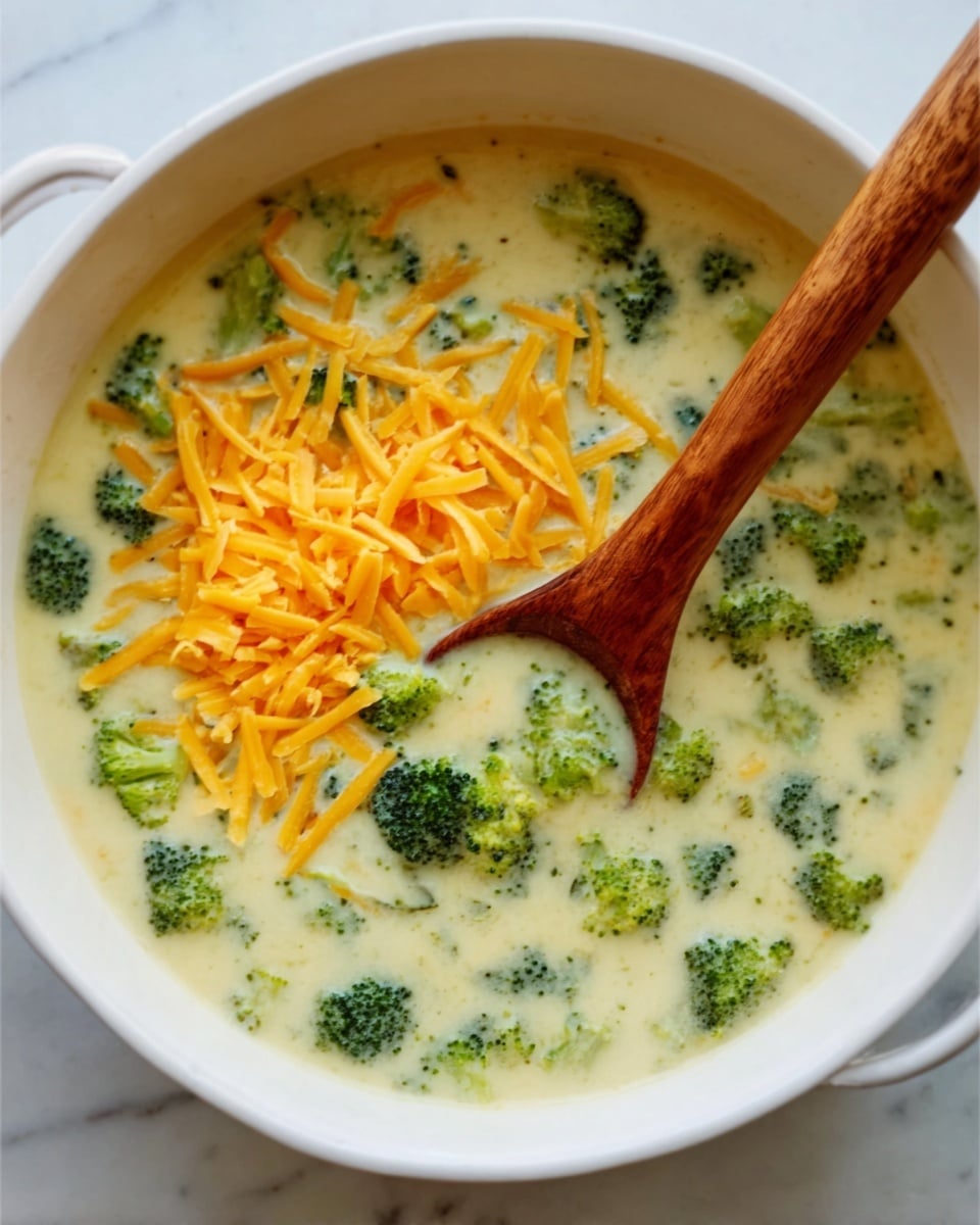 A white bowl filled with creamy broccoli soup that has green broccoli pieces spread evenly throughout the light yellow soup base. There is a heap of shredded orange cheese placed on one side near the center of the bowl. A wooden spoon rests in the bowl with the handle extending out, slightly lifting some soup and broccoli. The bowl is set on a white marbled surface. Photo taken with an iphone --ar 4:5 --v 7