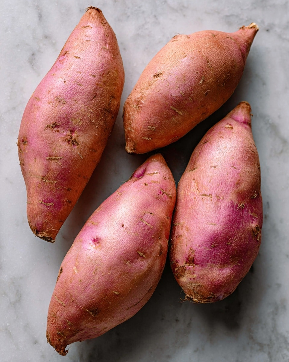 Four whole sweet potatoes are placed directly on a white marbled surface. They have rough, pinkish-brown skin with some blemishes and marks, showing natural texture and uneven color spots. Each sweet potato varies slightly in shape, some being more rounded and others more tapered. The lighting highlights their curved forms and the subtle roughness of the skin. photo taken with an iphone --ar 4:5 --v 7