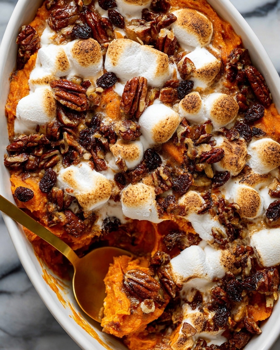 A close-up view of a dish in a white oval baking dish filled with soft mashed orange sweet potatoes layered with melted white marshmallows partially browned on top, scattered dark brown pecans evenly spread over the marshmallows, and bits of dark raisins mixed within. The texture looks creamy with some chunky pieces of sweet potato, and a golden spoon rests inside, scooping some of the dish. The dish sits on a white marbled surface. photo taken with an iphone --ar 4:5 --v 7