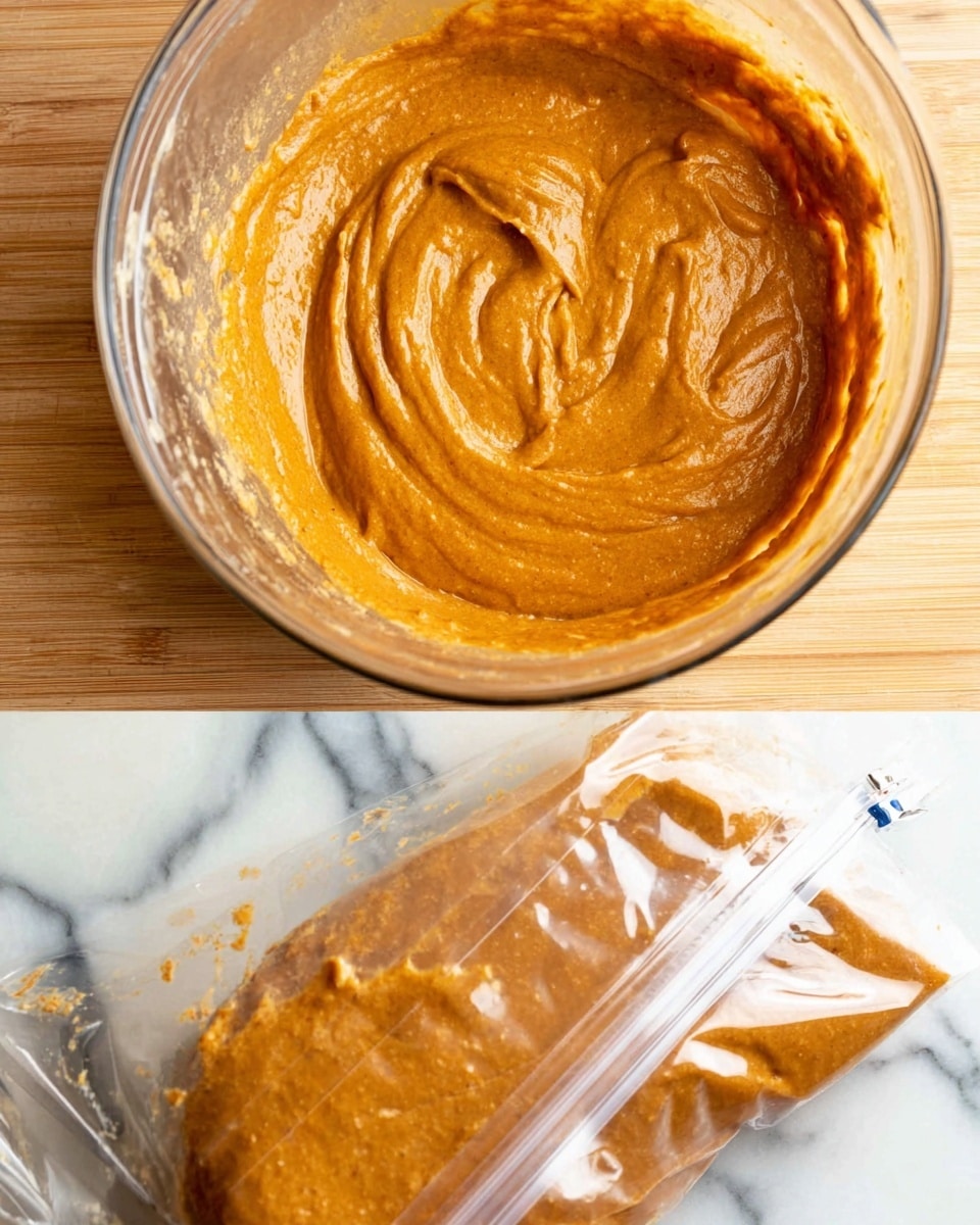 The first image shows a clear glass bowl filled with thick orange-brown batter with a smooth swirled texture on top. The second image shows a clear plastic zipper bag partially filled with the same orange-brown batter inside, resting on a white marbled surface. The mixing bowl and the bag are placed close together, and some batter is spread thinly on the inside of the bag. Photo taken with an iphone --ar 4:5 --v 7