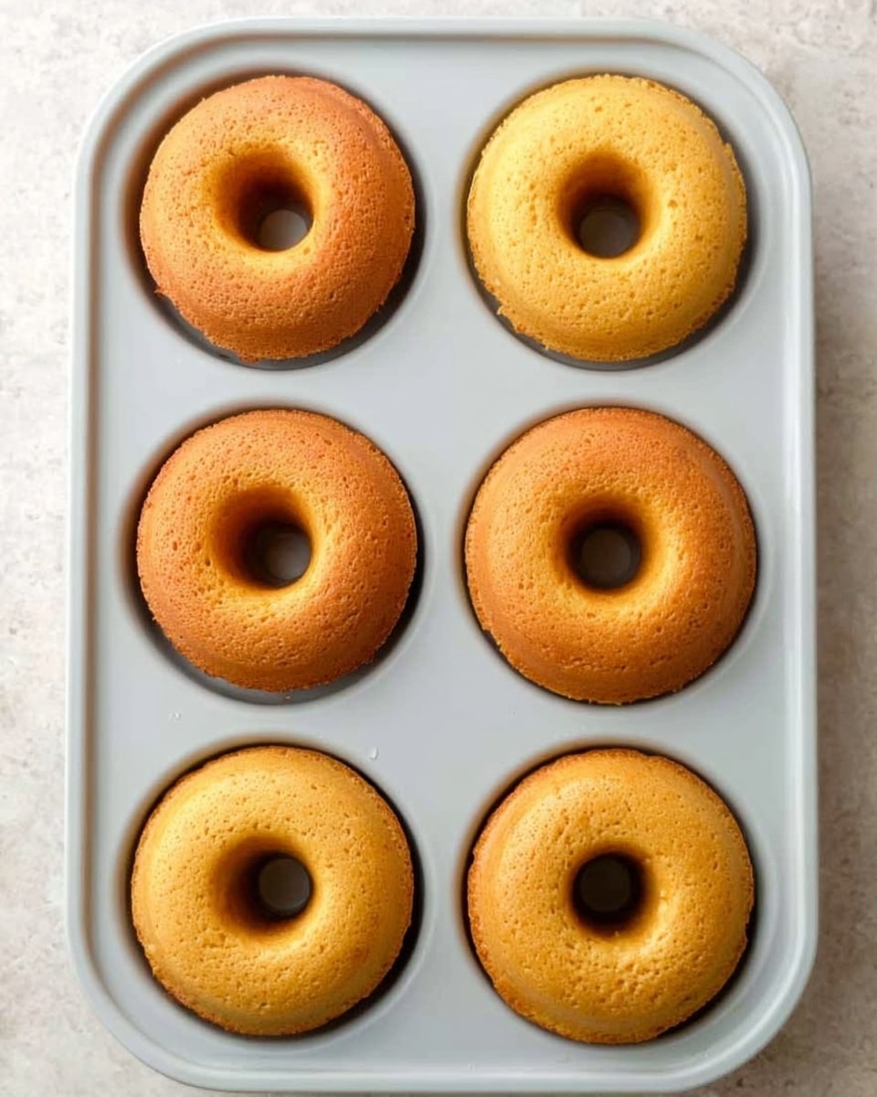 The image shows six golden brown donuts in a white donut baking tray with six round spaces. The donuts have smooth, even tops and a well-defined hole in the middle of each. They are arranged neatly in two rows of three, evenly spaced inside the tray. The surface under the tray is a white marbled texture, giving a clean and bright background. photo taken with an iphone --ar 4:5 --v 7