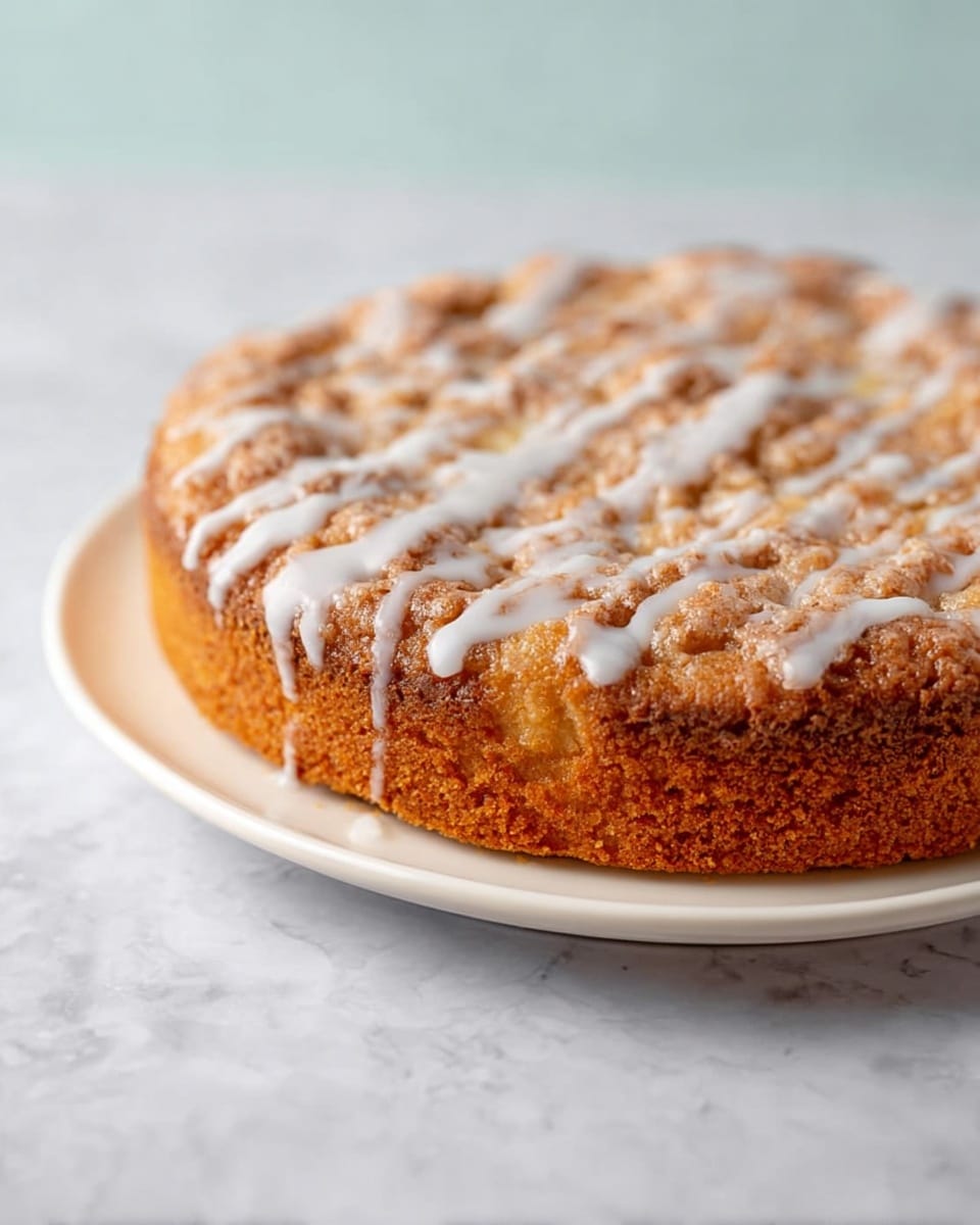 A round, single-layered cake sits on a white plate, showing a golden-brown textured surface with a slightly rough, crumbly look. The top of the cake is decorated with a white glaze drizzled unevenly over it, creating thin, irregular lines that contrast with the warm cake color. The edge of the cake is slightly darker than the top with a crispy texture. The whole scene is set against a white marbled texture background. photo taken with an iphone --ar 4:5 --v 7