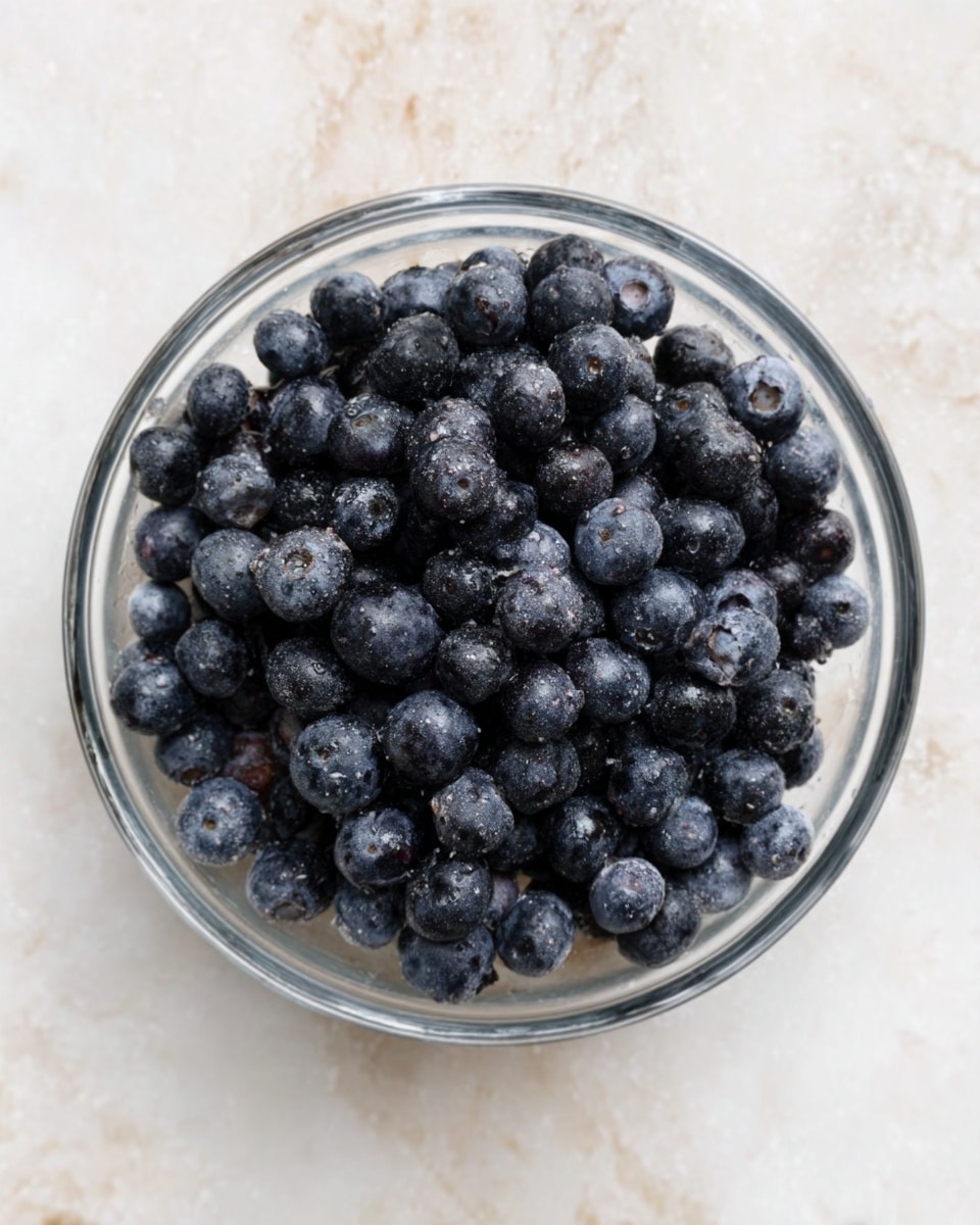 A clear glass bowl filled with a large amount of small, round, dark purple blueberries. The blueberries have a slight dusty look on their surface, showing a natural texture and variation in shades of dark blue and purple. The bowl is placed on a white marbled texture background. The image is captured from above, showing a full top view of the bowl and its contents. Photo taken with an iphone --ar 4:5 --v 7