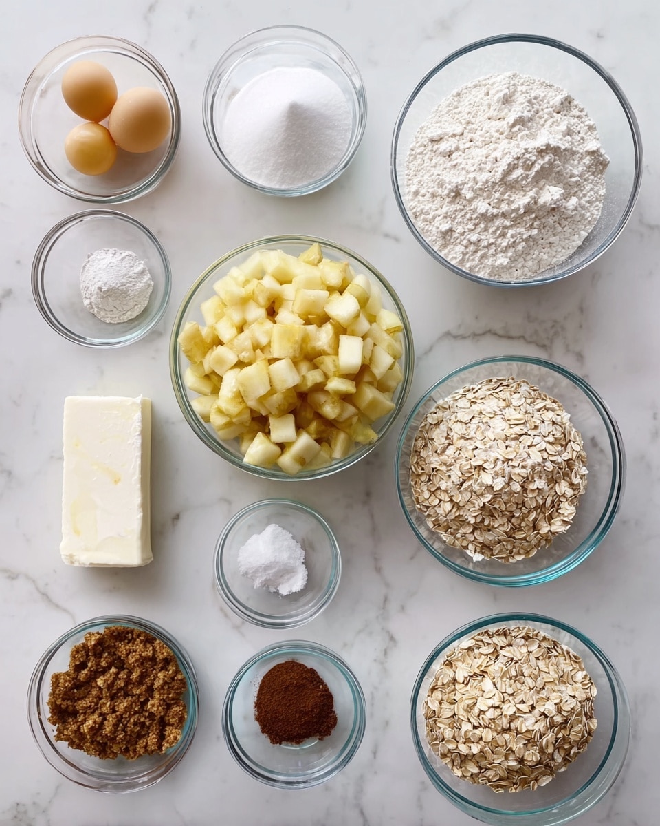 The image shows a clean white marbled surface with eleven clear glass bowls holding different baking ingredients arranged in a loose grid. Near the top left are two eggs in a small bowl, below that is a bowl with white sugar, and then a tiny bowl with baking powder. Near the center is a large bowl full of small diced apple pieces. To the right of the apples is a big bowl full of white flour. Below the flour is a white wrapped stick of butter resting horizontally. Below the butter is a bowl full of oats. In the bottom middle is a bowl with brown sugar, and on the left side of that are two tiny bowls containing dark brown and cinnamon-colored spices. The bowls are simple, clear, and all of the ingredients are distinct in texture and color. photo taken with an iphone --ar 4:5 --v 7