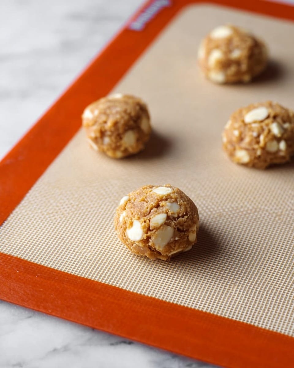Four small round cookie dough balls with visible white chunks are placed spaced out on a beige silicone baking mat with an orange border. The dough balls have a rough texture with the white pieces embedded throughout. The baking mat lies flat on a white marbled surface, and the background is blurred to keep the focus on the cookie dough. photo taken with an iphone --ar 4:5 --v 7