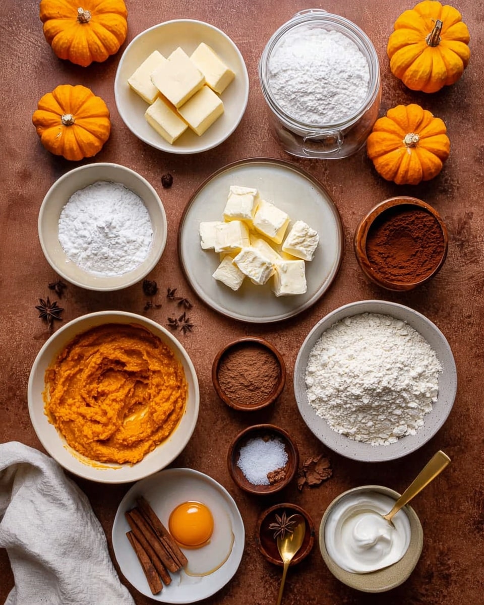 The image shows a variety of baking ingredients placed on a brown textured surface with small pumpkins around the edges. There are several white bowls and plates, each holding different ingredients: cubed butter, powdered sugar, granulated sugar in a bowl with a lid, white flour, bright orange pumpkin puree, two raw eggs in a shallow bowl on a plate, a bowl of brown cocoa powder, and a bowl of white cream. Small wooden bowls hold ground cinnamon, star anise with cinnamon sticks, salt, and baking powder. A small gold spoon is placed near the eggs, and a white cloth is seen in the bottom left corner. The arrangement is neat, with the colors contrasting well against the rustic background, creating an inviting scene for autumn baking. Photo taken with an iphone --ar 4:5 --v 7