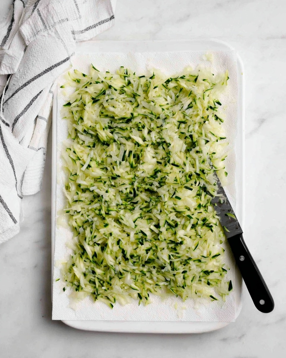A rectangular white tray on a white marbled surface holds a thin, flat layer of shredded green and white zucchini spread evenly across two sheets of white paper towels. The zucchini shreds vary in size and texture, showing a mix of soft and crisp parts, with green edges and white interiors visible. A large knife with a black handle rests on the right side of the tray, partly touching the zucchini layer. A white cloth with black stripes peeks in from the upper left corner. photo taken with an iphone --ar 4:5 --v 7