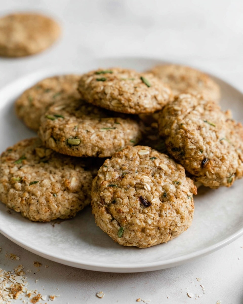 A white plate holds around seven round, flat cookies with a rough texture. Each cookie is light brown with small bits of green and darker brown, showing oats and small vegetable pieces mixed inside. The cookies have uneven edges and a slightly bumpy surface. The plate sits on a white marbled textured surface with some cookie crumbs scattered around. The lighting is soft and natural, and the background is out of focus. photo taken with an iphone --ar 4:5 --v 7