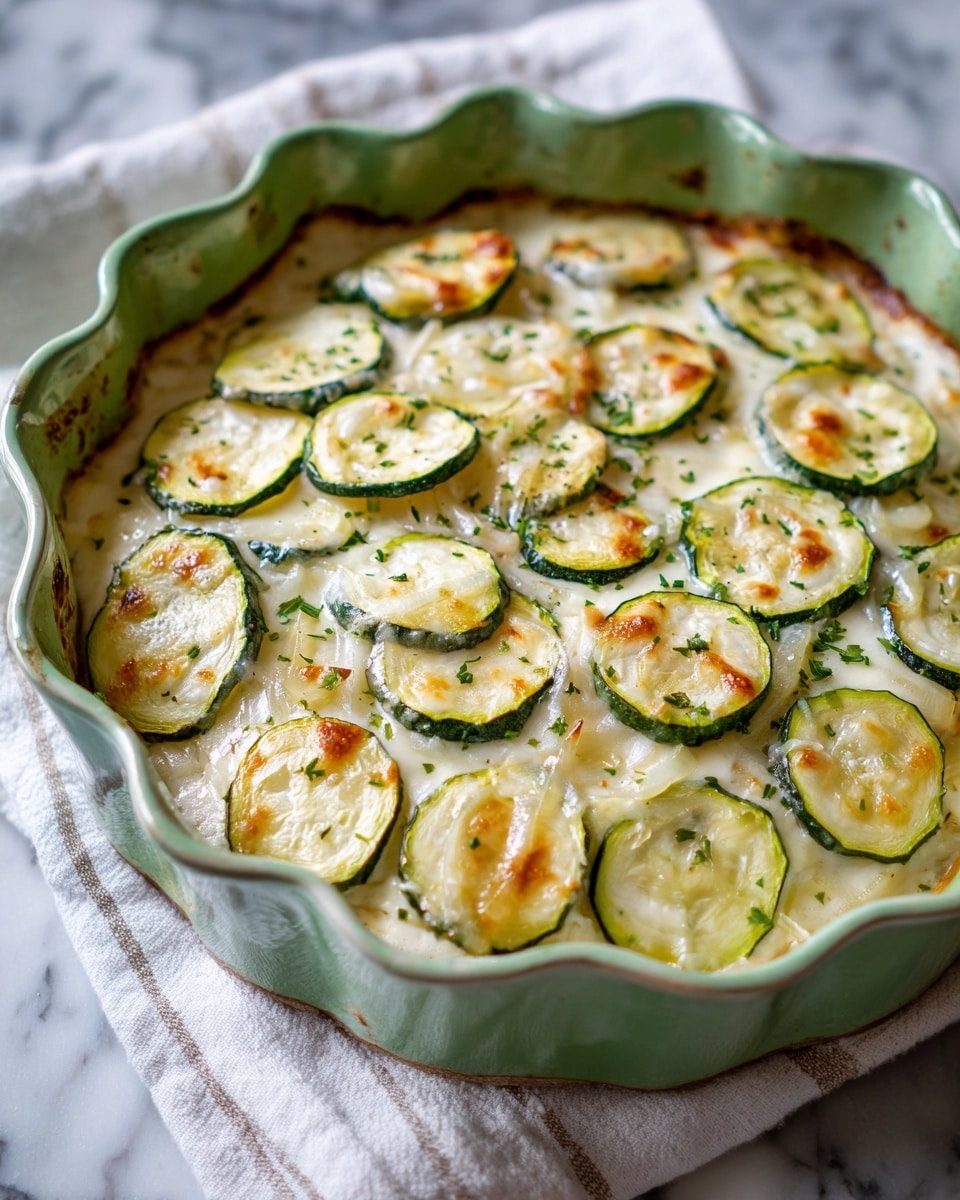 A light green ceramic dish with scalloped edges holds a creamy zucchini bake. The top layer shows many thin, round slices of green zucchini with pale yellow centers, mixed with a soft, slightly lumpy sauce that looks cheesy and smooth. Small bits of onion are visible throughout the mixture. The dish sits on a white marbled surface with a light striped cloth nearby, creating a simple, cozy look. Photo taken with an iphone --ar 4:5 --v 7