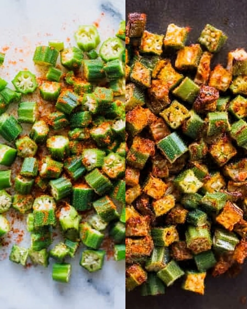The image shows two stages of cooking diced okra. On the left side, the raw okra pieces are mixed with a reddish seasoning, spread evenly on a white marbled surface, with the diced okra having a fresh green color and the seasoning adding a warm orange tone. On the right side, the okra pieces are cooked and browned, showing a crispy texture with golden brown and green colors mixed throughout. Both sides show the okra cut into small cubes and evenly spread, with the cooked side having a slight shine from oil. Photo taken with an iphone --ar 4:5 --v 7
