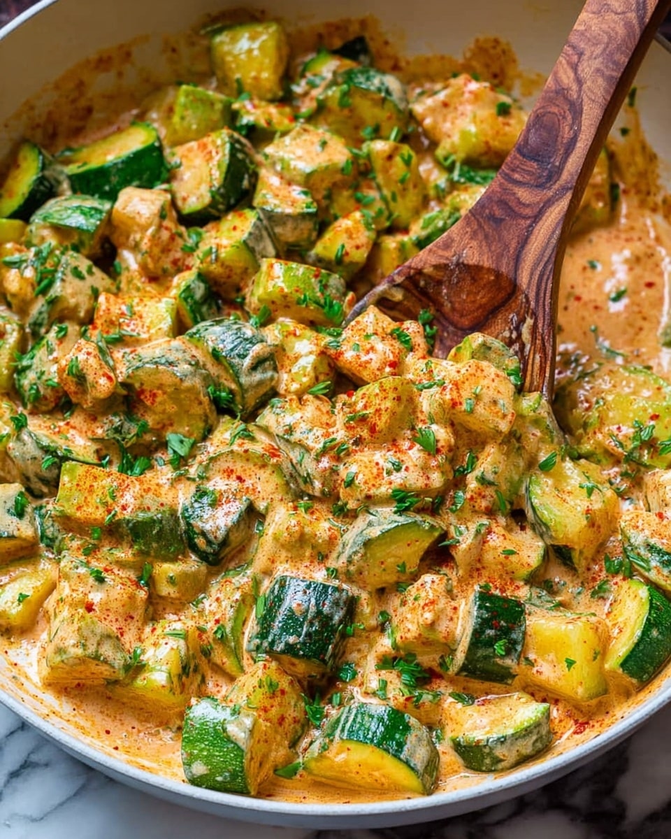 A close-up view of a white round pan filled with chunky pieces of green zucchini and yellow potato, all coated in a creamy light orange sauce with specks of red spices and fresh green herbs sprinkled evenly on top. A wooden spoon is lifting some of the sauce-covered vegetables on the right side of the pan, giving a textured and rich look to the dish. The background shows a white marbled surface. photo taken with an iphone --ar 4:5 --v 7