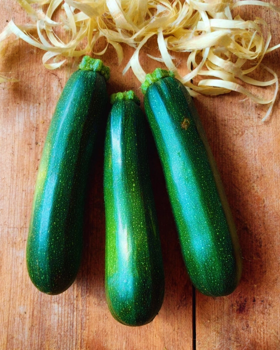 The image shows three fresh whole zucchinis placed side by side on a wooden surface, each zucchini is a deep green color with a smooth texture and a slight shine. At the top of the image, there are light beige wood shavings arranged loosely. The background is a warm wooden tone with visible grain patterns. photo taken with an iphone --ar 4:5 --v 7