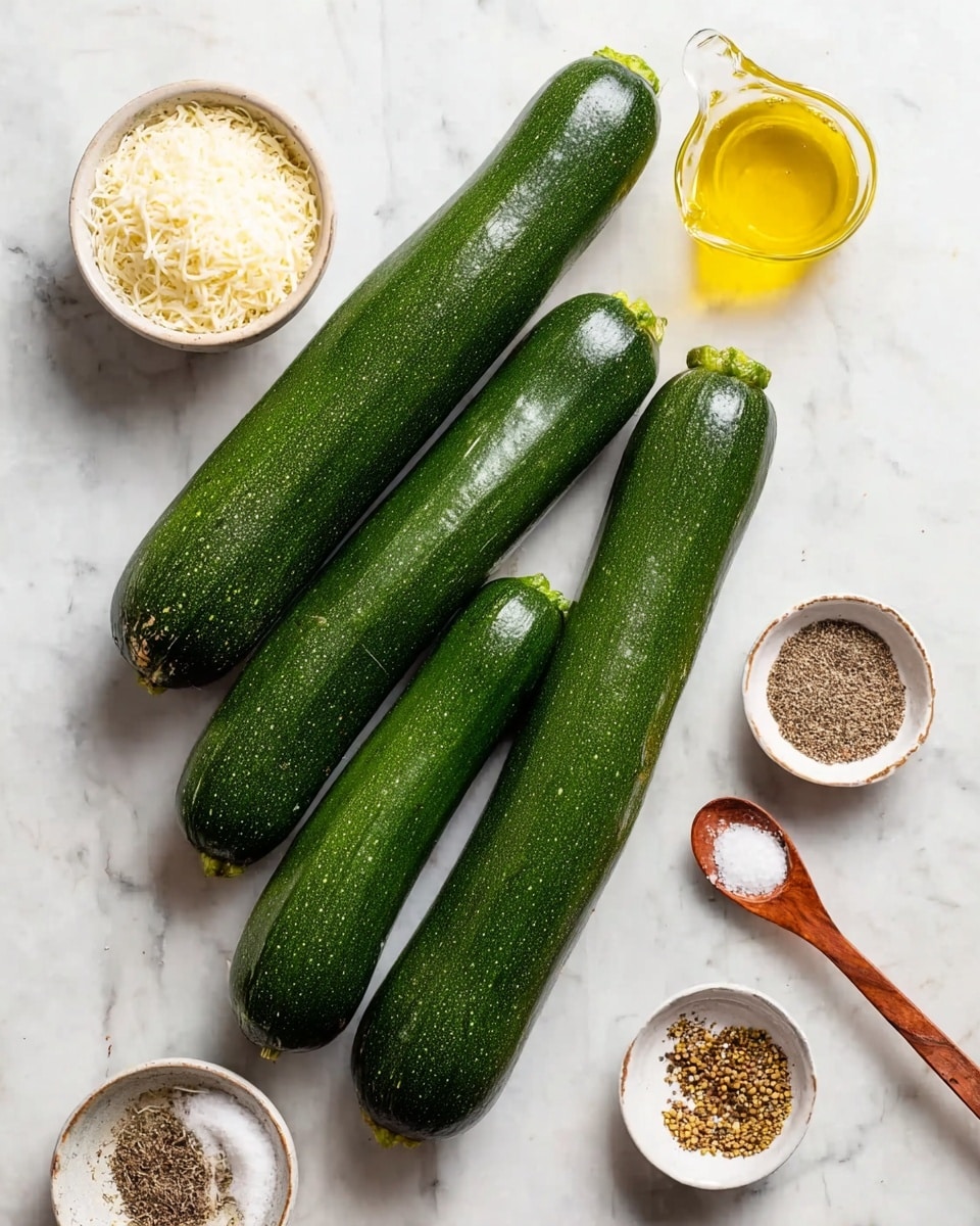 Five dark green zucchinis are placed diagonally across a white marbled surface, each showing a smooth and slightly shiny texture. Around them are small white bowls holding different ingredients: one with shredded white cheese, one with mixed spices, one with white salt, and one with black pepper. A small wooden spoon rests in the spice bowl, and a small glass container of yellow oil is seen at the top right. The scene is clean and bright, with natural light highlighting the freshness of the zucchinis and the textures of the spices and cheese, photo taken with an iphone --ar 4:5 --v 7