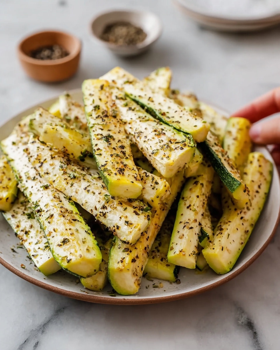 The image shows a white plate filled with long pieces of roasted zucchini cut into sticks. Each piece has a light green skin with a pale yellow inside. The zucchini sticks are covered evenly with small black and green herbs and spices, giving a speckled look. Some pieces show a slight brown toast color from cooking. In the background, the surface is a white marbled texture and there are small bowls with black pepper and a white plate blurred out. A woman's hand is reaching toward the plate. Photo taken with an iphone --ar 4:5 --v 7