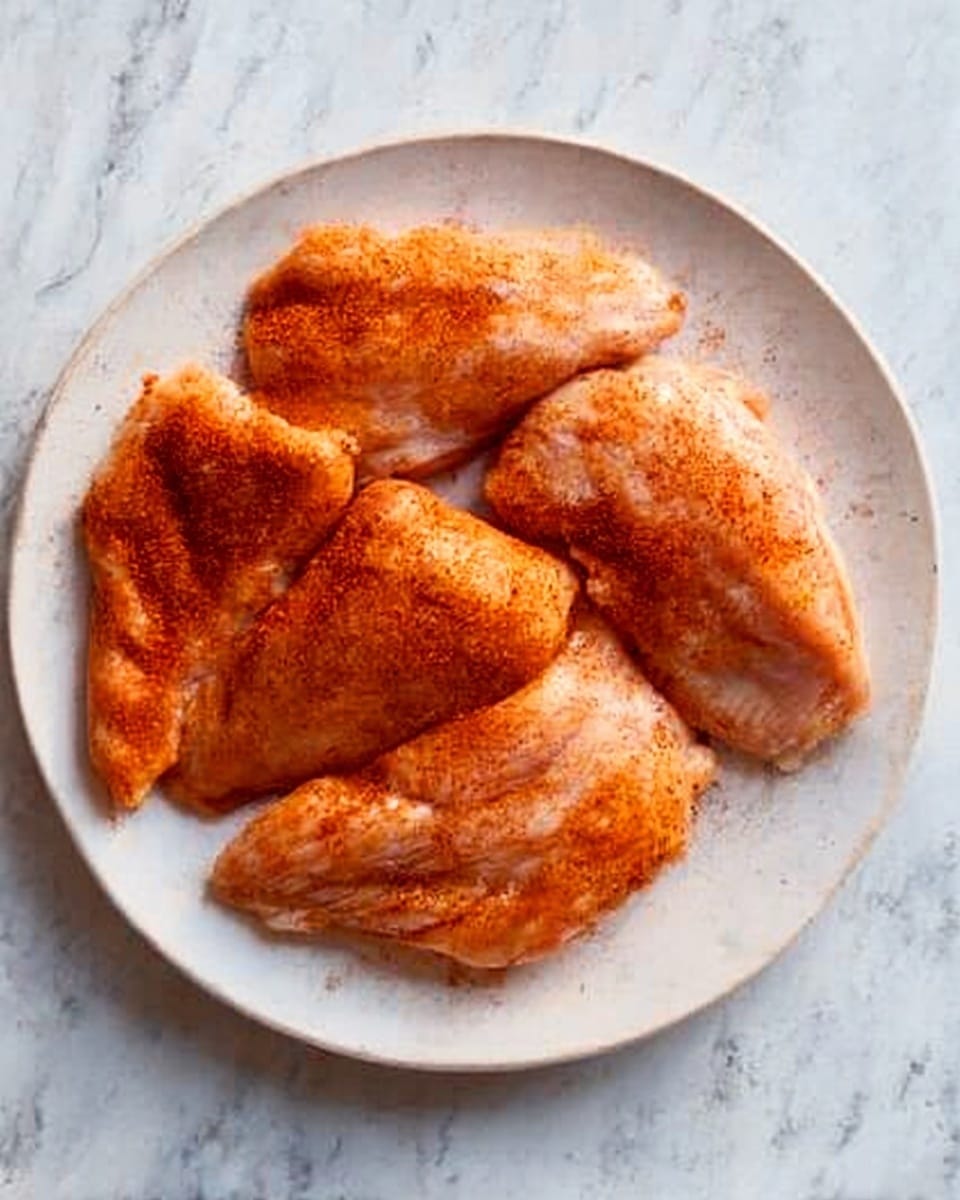 A white plate holds five pieces of uncooked chicken with a reddish-orange spice rubbed evenly on their smooth skin surfaces. The chicken pieces vary in size and shape but are neatly arranged to fill most of the plate. The plate sits on a white marbled textured background which contrasts with the warm color of the chicken. The overall look is clean and simple, showing the raw, seasoned chicken ready for cooking. Photo taken with an iphone --ar 4:5 --v 7